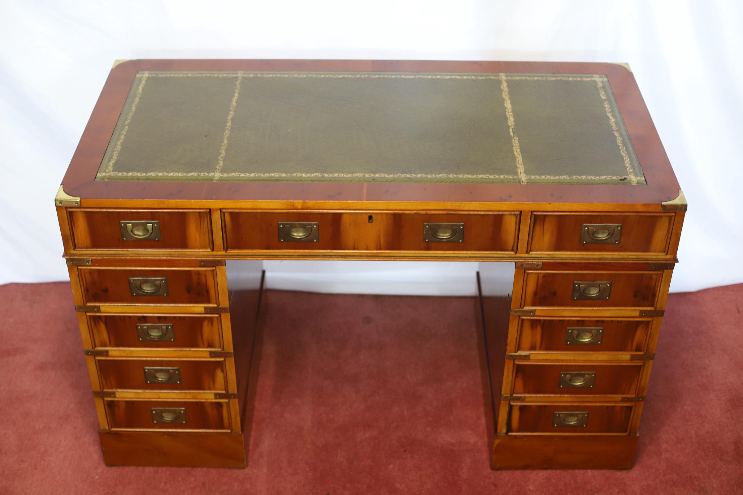 Lovelly Yew Wood Campaign Style Pedestal Desk 2