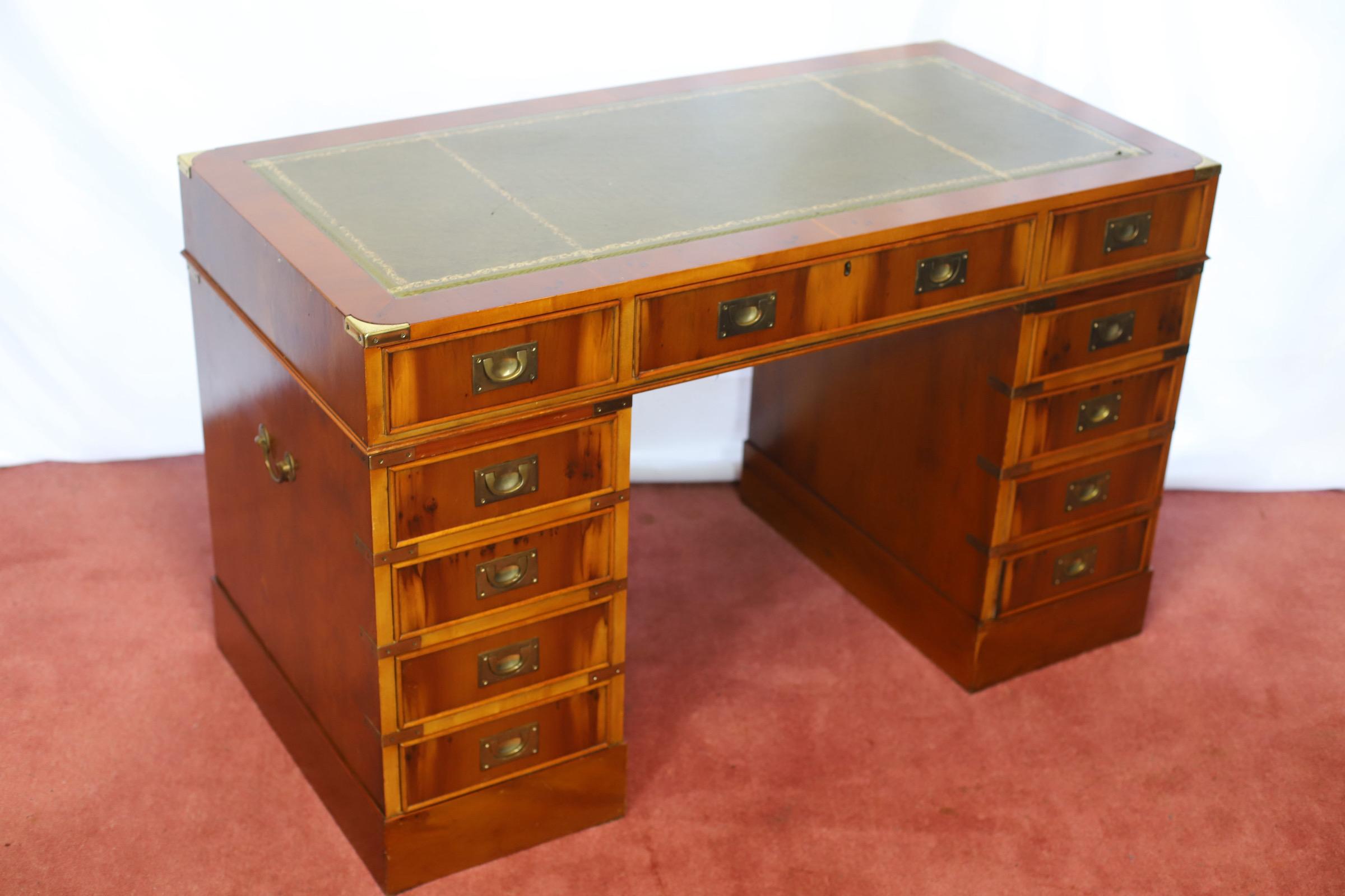Lovelly Yew Wood Campaign Style Pedestal Desk 3
