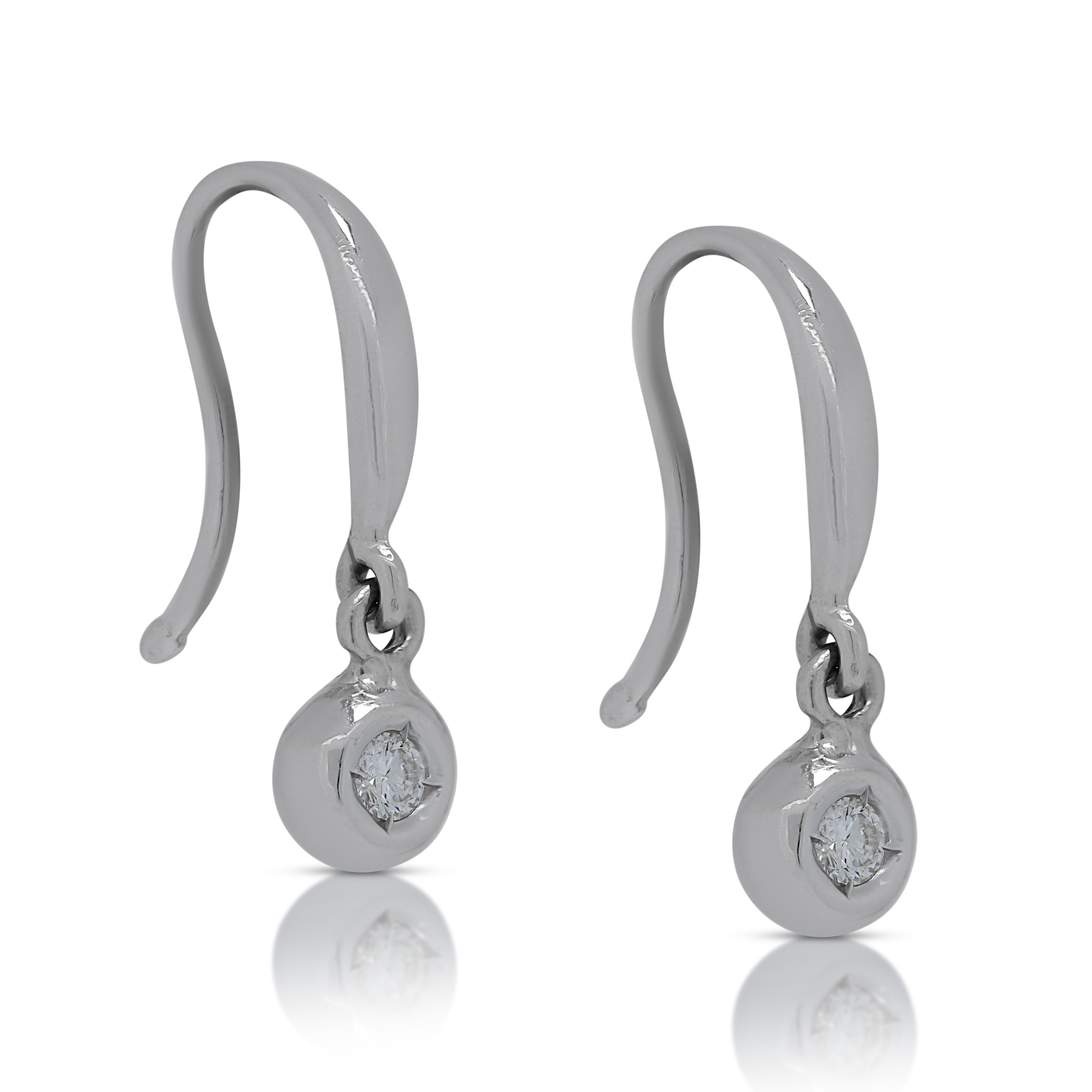 Round Cut Lovely 0.04ct Diamonds Hook Earrings in 18K White Gold For Sale