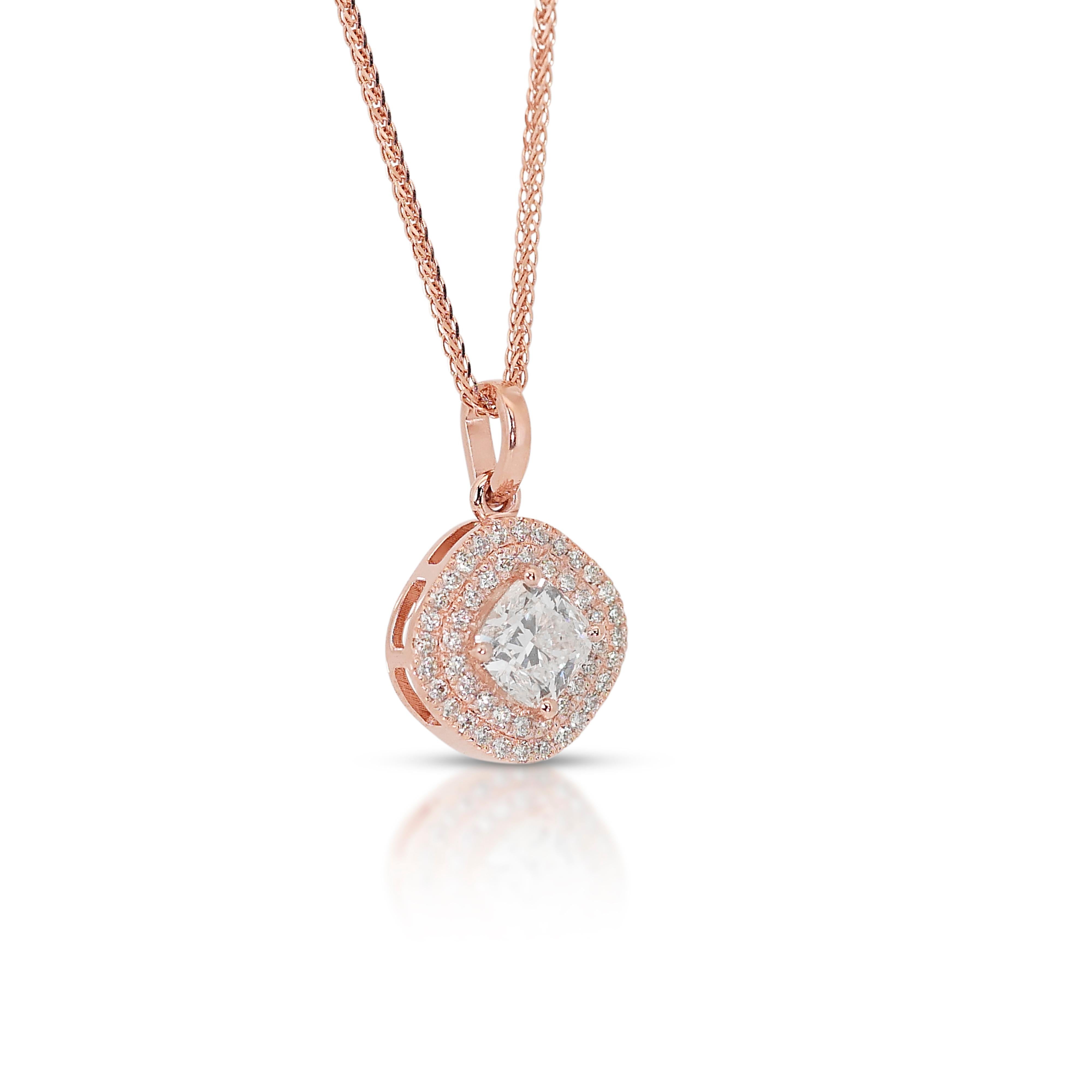 Lovely 1.10ct Double Excellent Ideal Cut Diamonds Halo Necklace with Pendant in 18k Rose Gold - GIA Certified

Elevate your elegance with this luxurious 18k rose gold halo necklace with a pendant, featuring a stunning 0.90-carat cushion cut diamond
