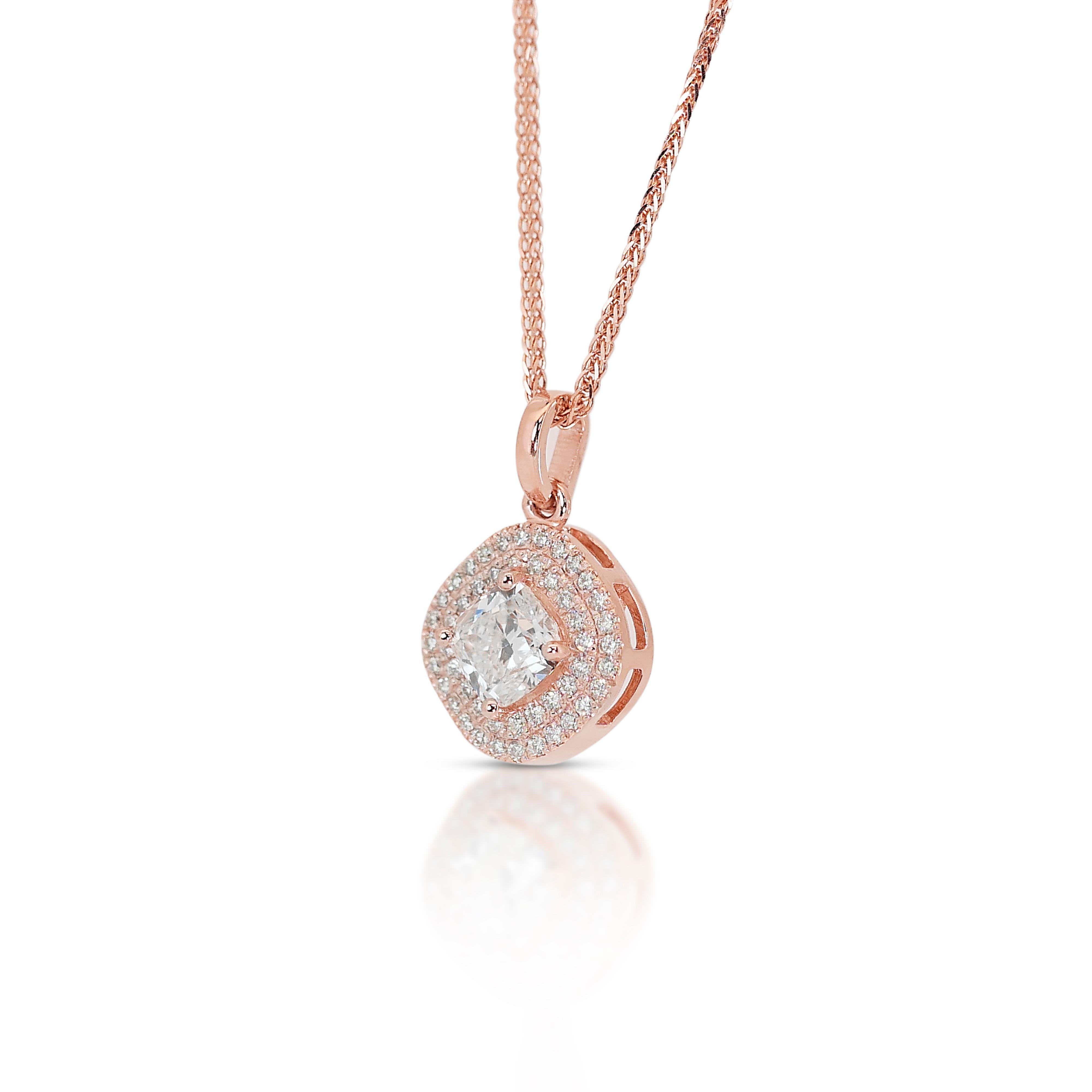 Cushion Cut Lovely 1.10ct Double Excellent Ideal Cut Diamonds Halo Necklace with Pendant For Sale