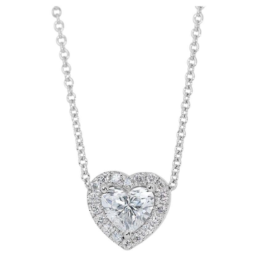 Lovely 1.22ct Diamonds Heart-Shaped Halo Necklace in 18k White Gold - GIA Cert