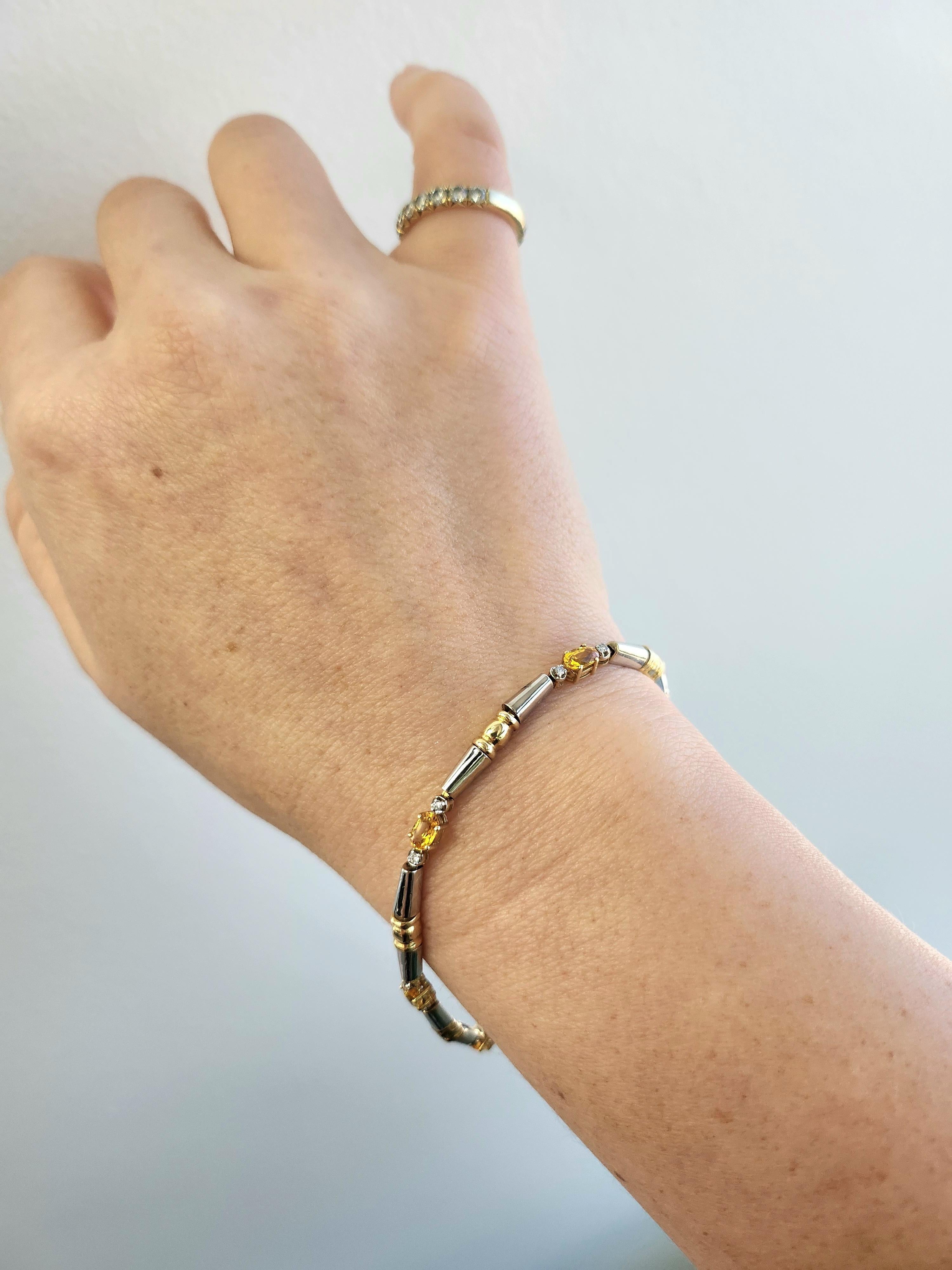 Taille ovale Bracelet fin en or bicolore 14K avec saphir jaune et diamant de 1,25 carat en vente