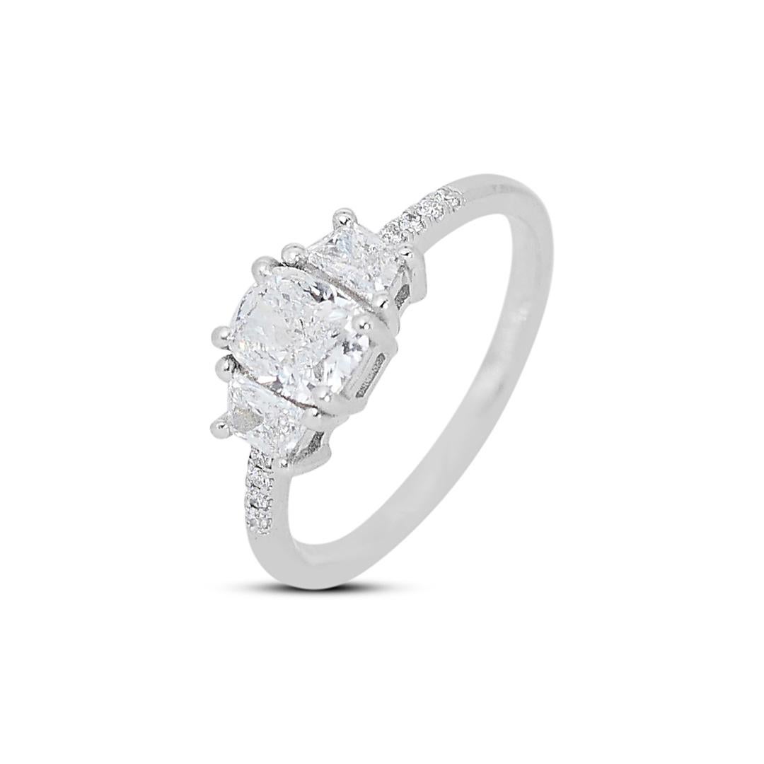 Cushion Cut Lovely 1.44ct Double Excellent Ideal Cut Diamonds 3-Stone Ring in 18k White Gold For Sale