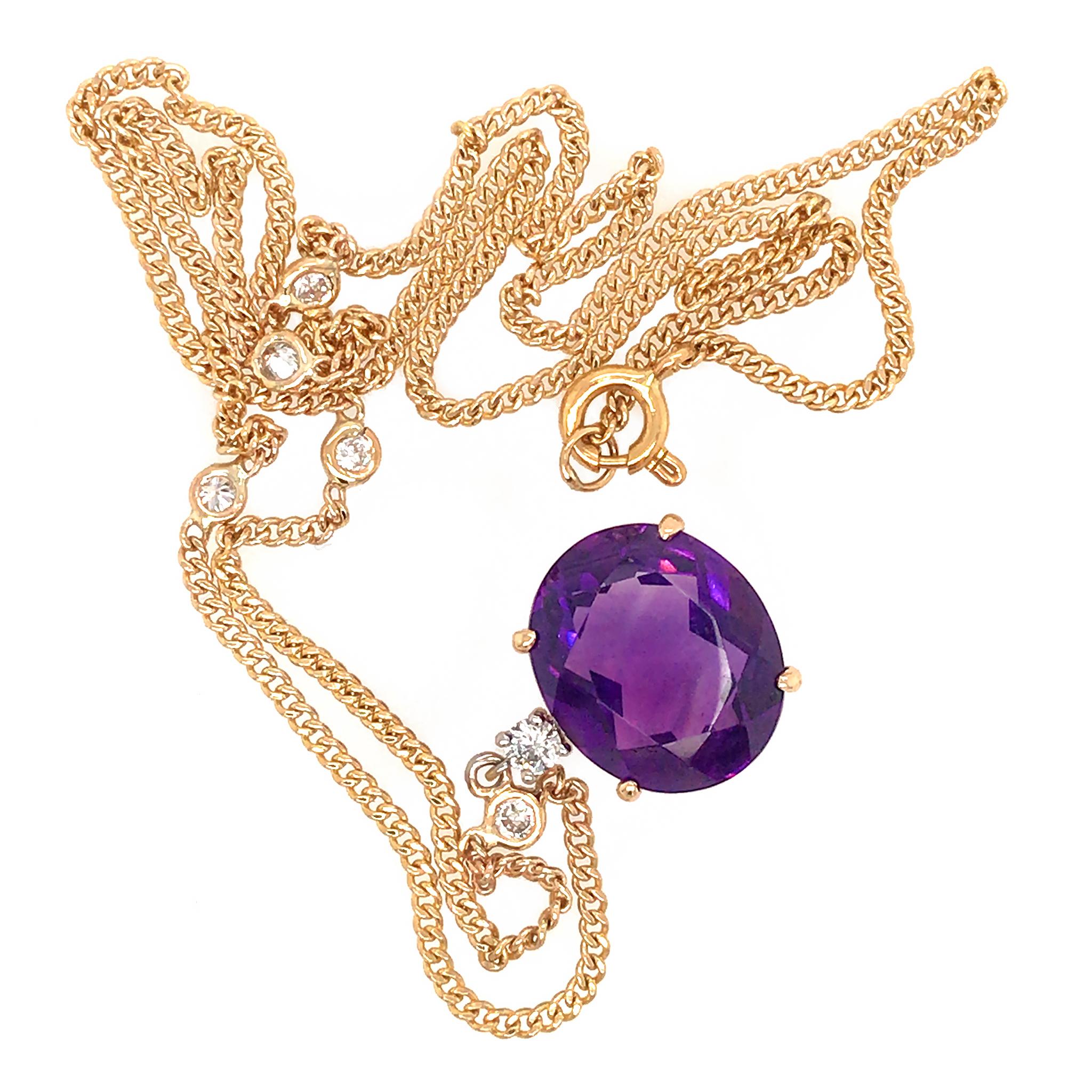 Round Cut Lovely 14k Yellow Gold Amethyst Pendant with Diamond by the Yard Necklace