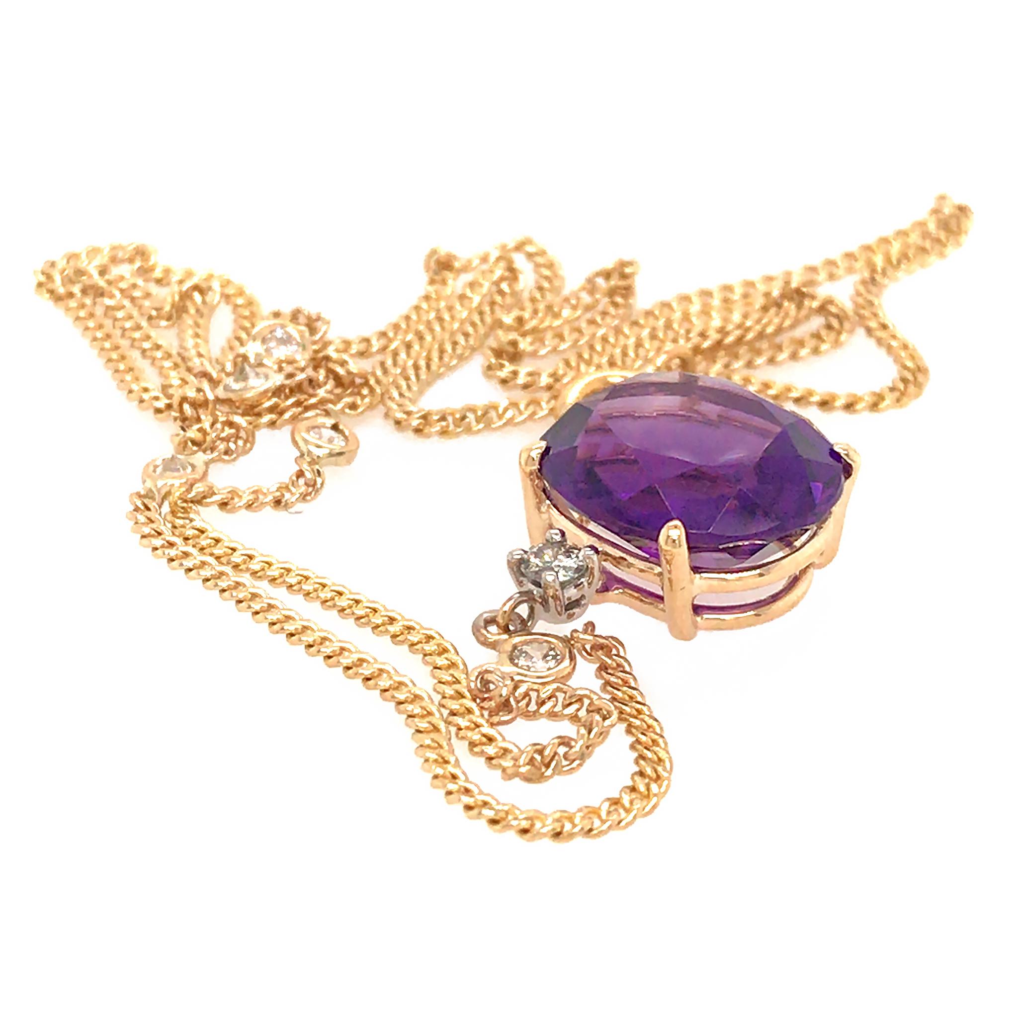 Lovely 14k Yellow Gold Amethyst Pendant with Diamond by the Yard Necklace In Excellent Condition In New York, NY