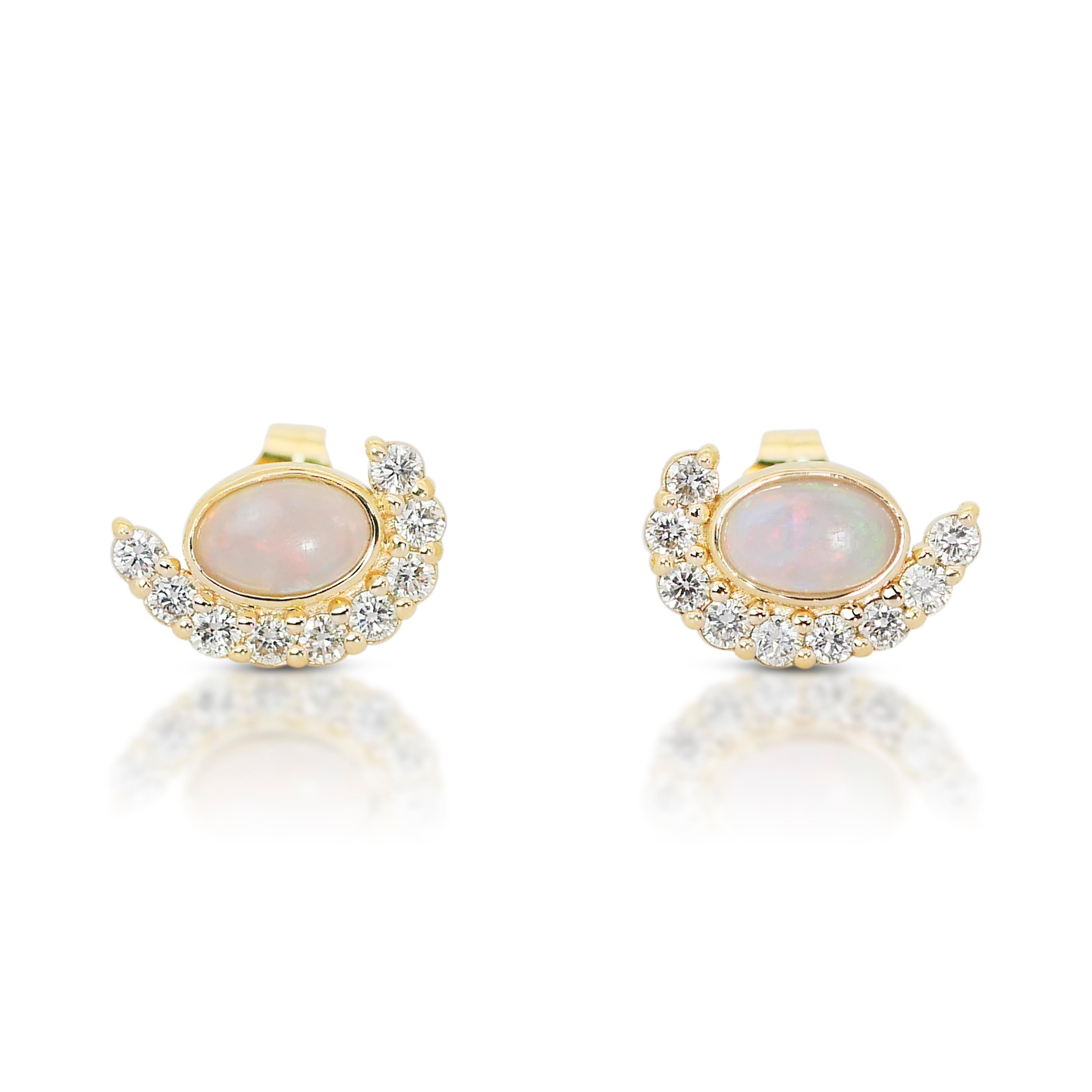 Cabochon  Lovely 14k Yellow Gold Opal and Diamond Halo Stud Earrings w/1.15 ct - IGI Cert For Sale