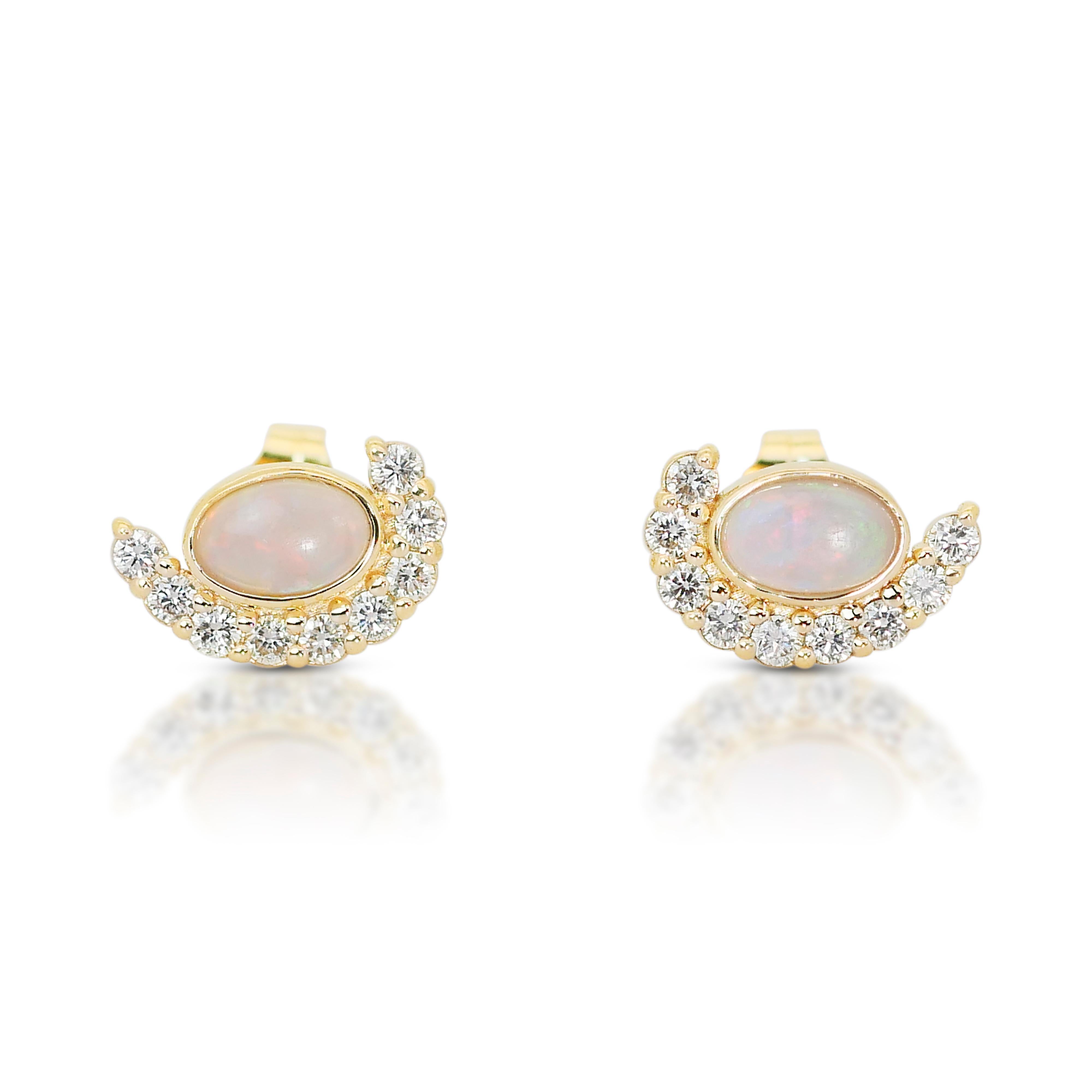 Cabochon Lovely 14k Yellow Gold Opal and Diamond Halo Stud Earrings w/1.15 ct - IGI Cert