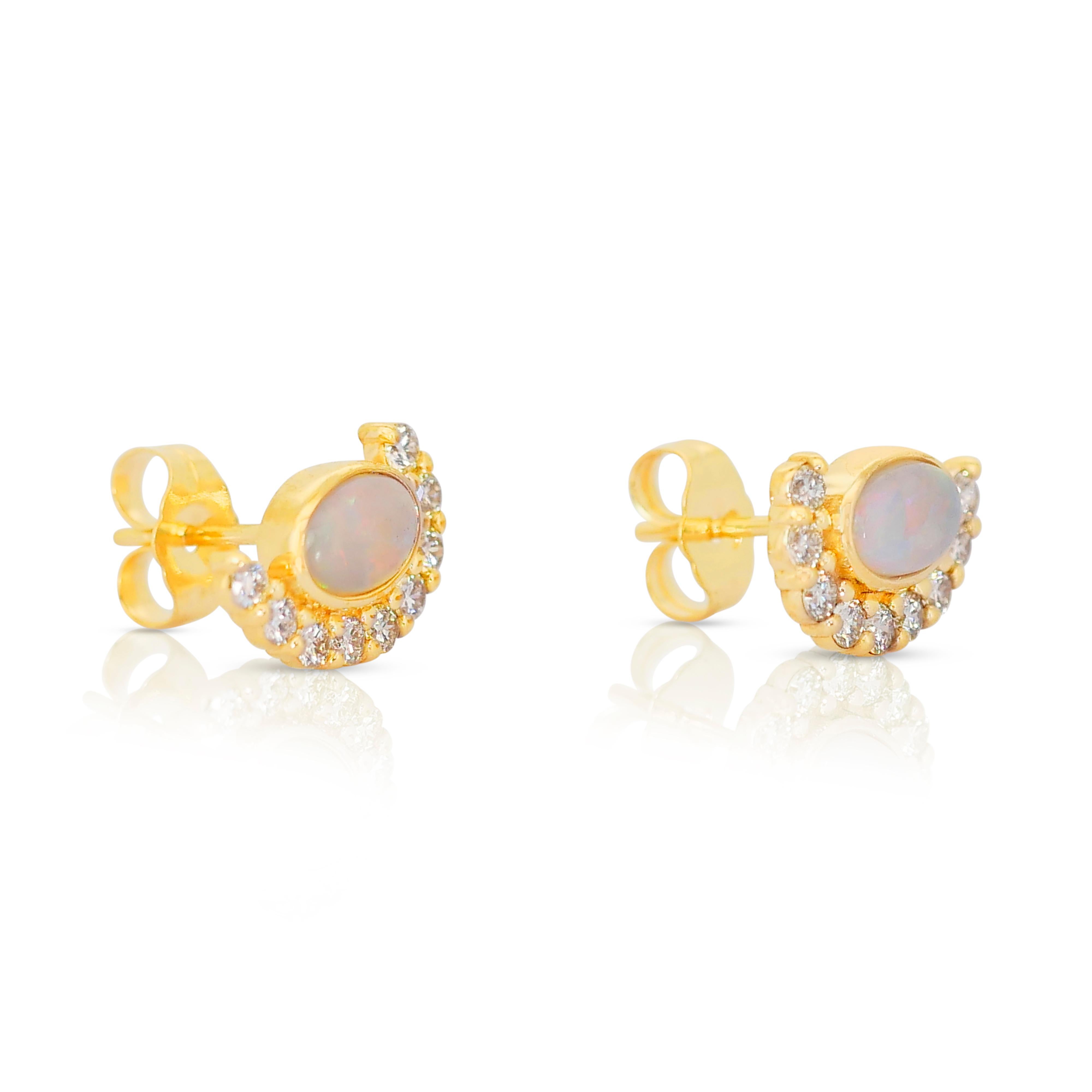 Women's  Lovely 14k Yellow Gold Opal and Diamond Halo Stud Earrings w/1.15 ct - IGI Cert For Sale
