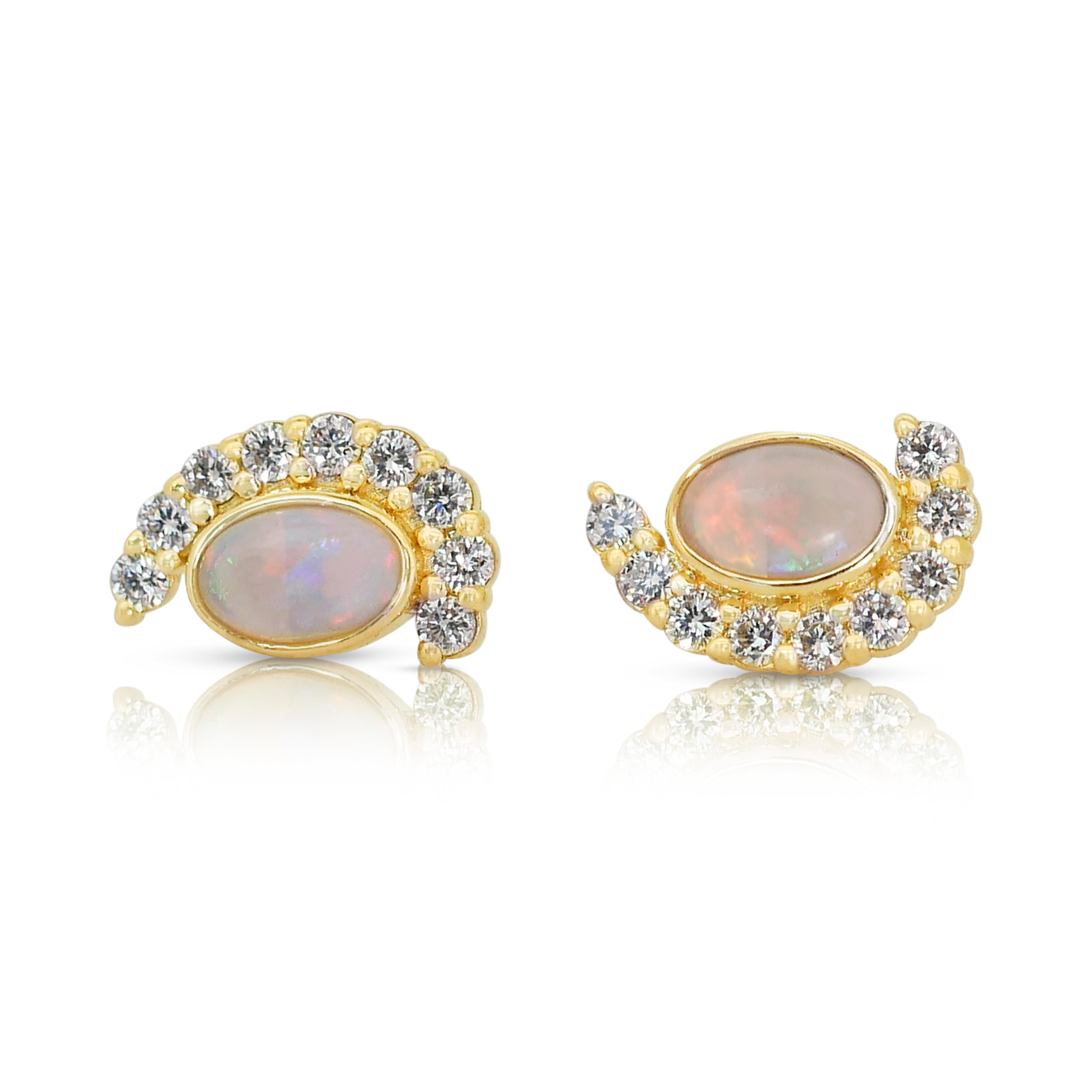  Lovely 14k Yellow Gold Opal and Diamond Halo Stud Earrings w/1.15 ct - IGI Cert For Sale 3