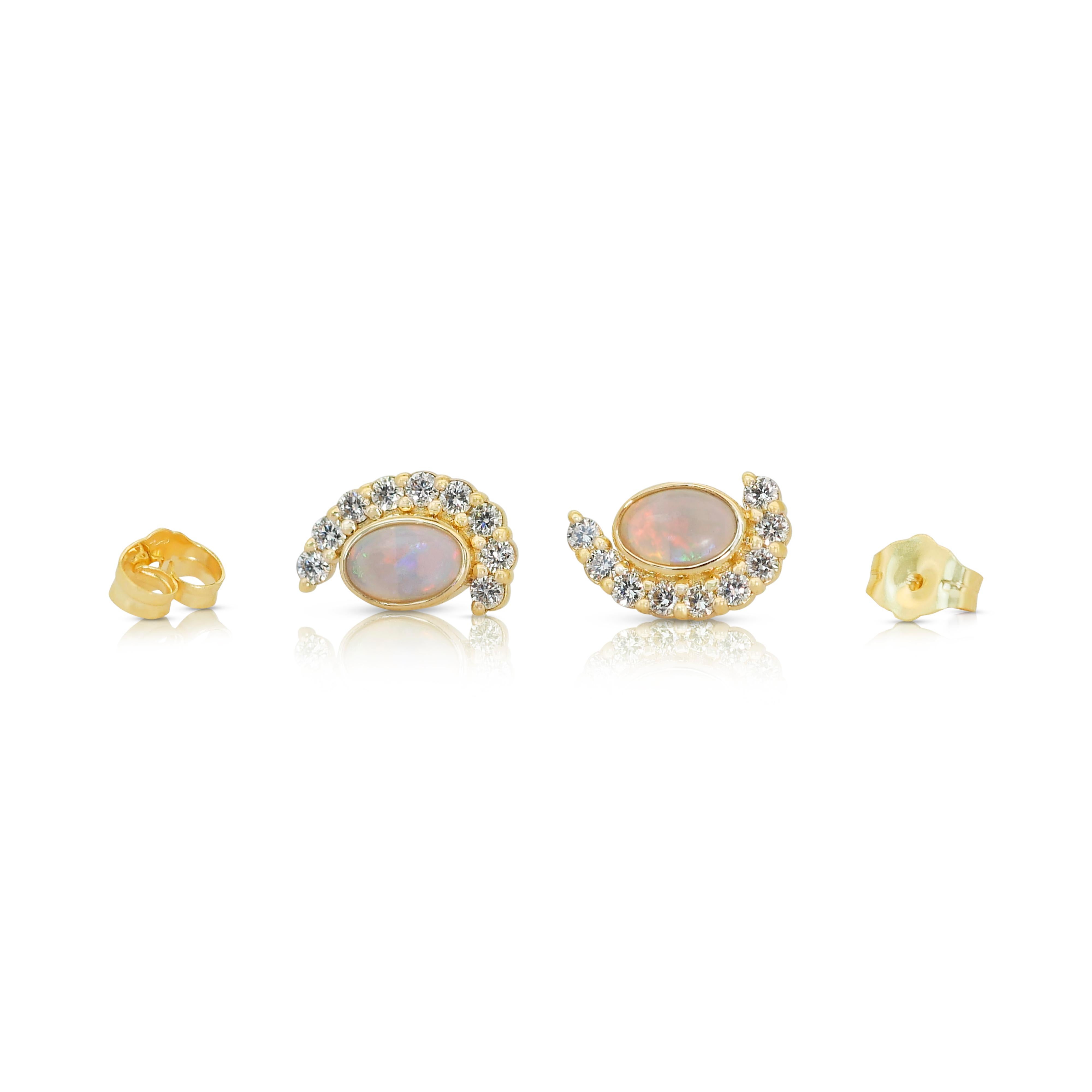  Lovely 14k Yellow Gold Opal and Diamond Halo Stud Earrings w/1.15 ct - IGI Cert For Sale 4