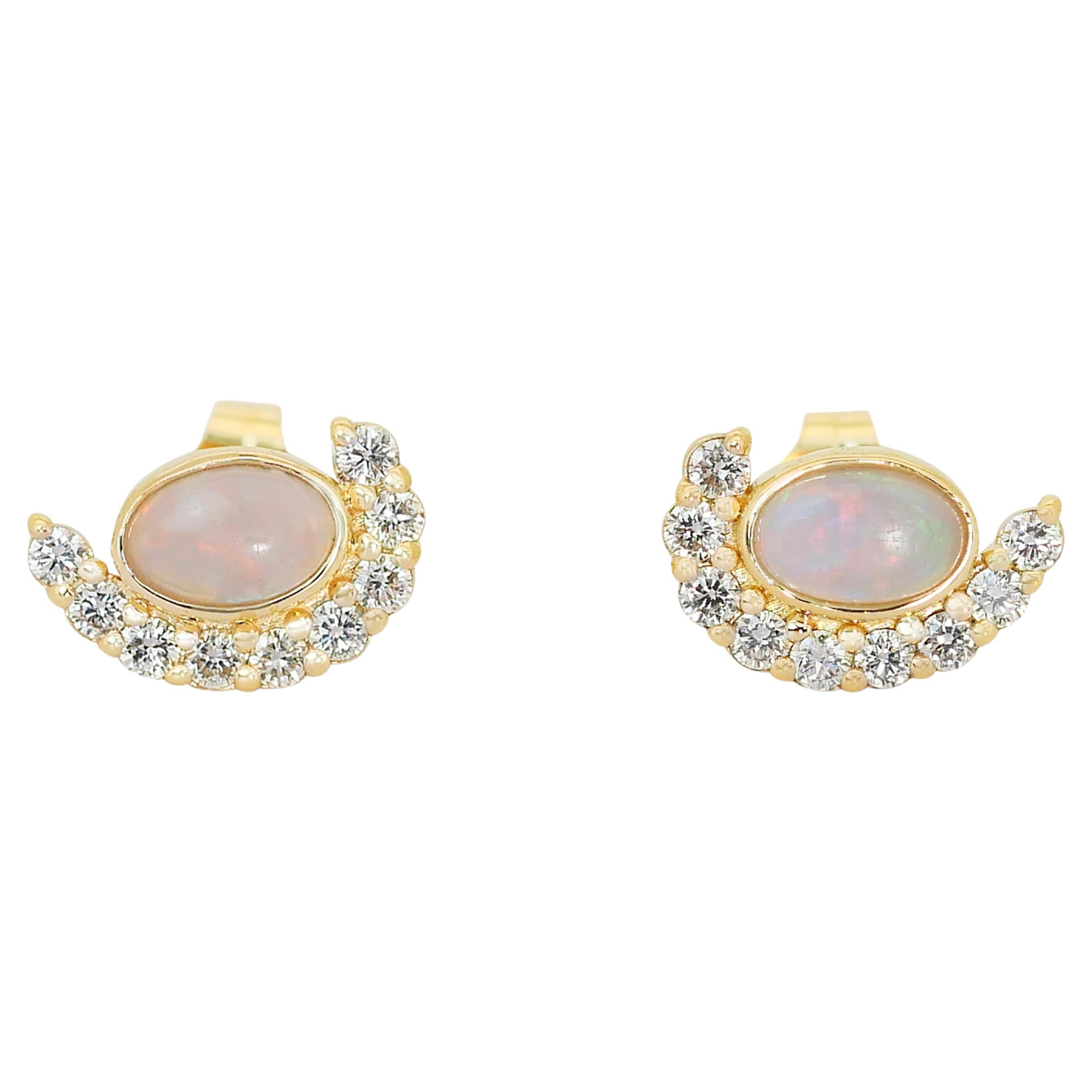  Lovely 14k Yellow Gold Opal and Diamond Halo Stud Earrings w/1.15 ct - IGI Cert For Sale