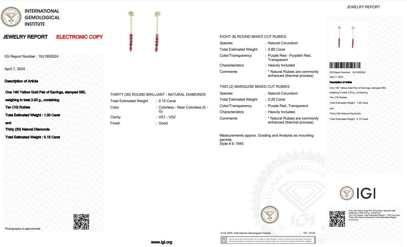 Women's Lovely 14k Yellow Gold Ruby and Diamond Drop Earrings w/1.15 ct - IGI Certified For Sale
