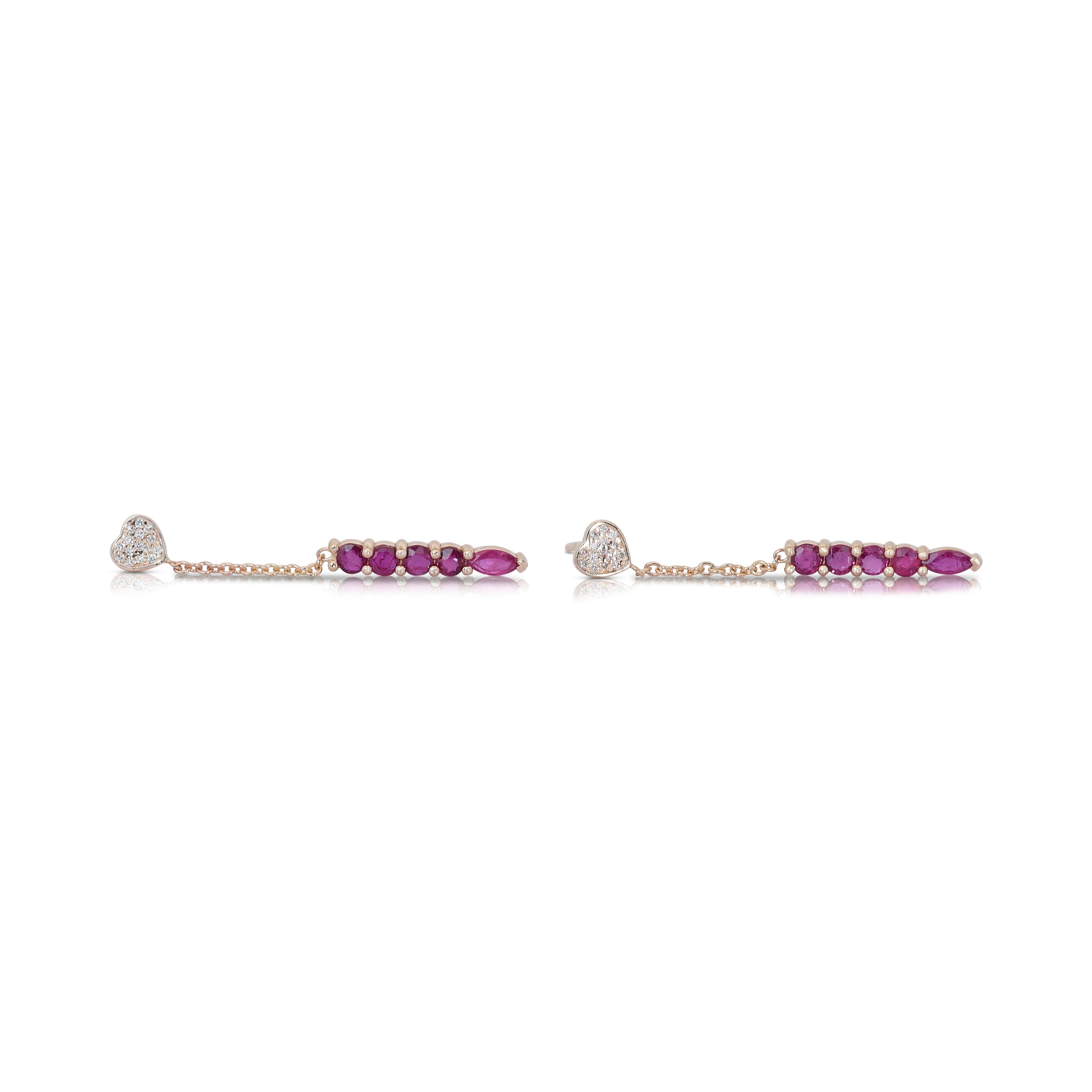 Lovely 14k Yellow Gold Ruby and Diamond Drop Earrings w/1.15 ct - IGI Certified For Sale 1