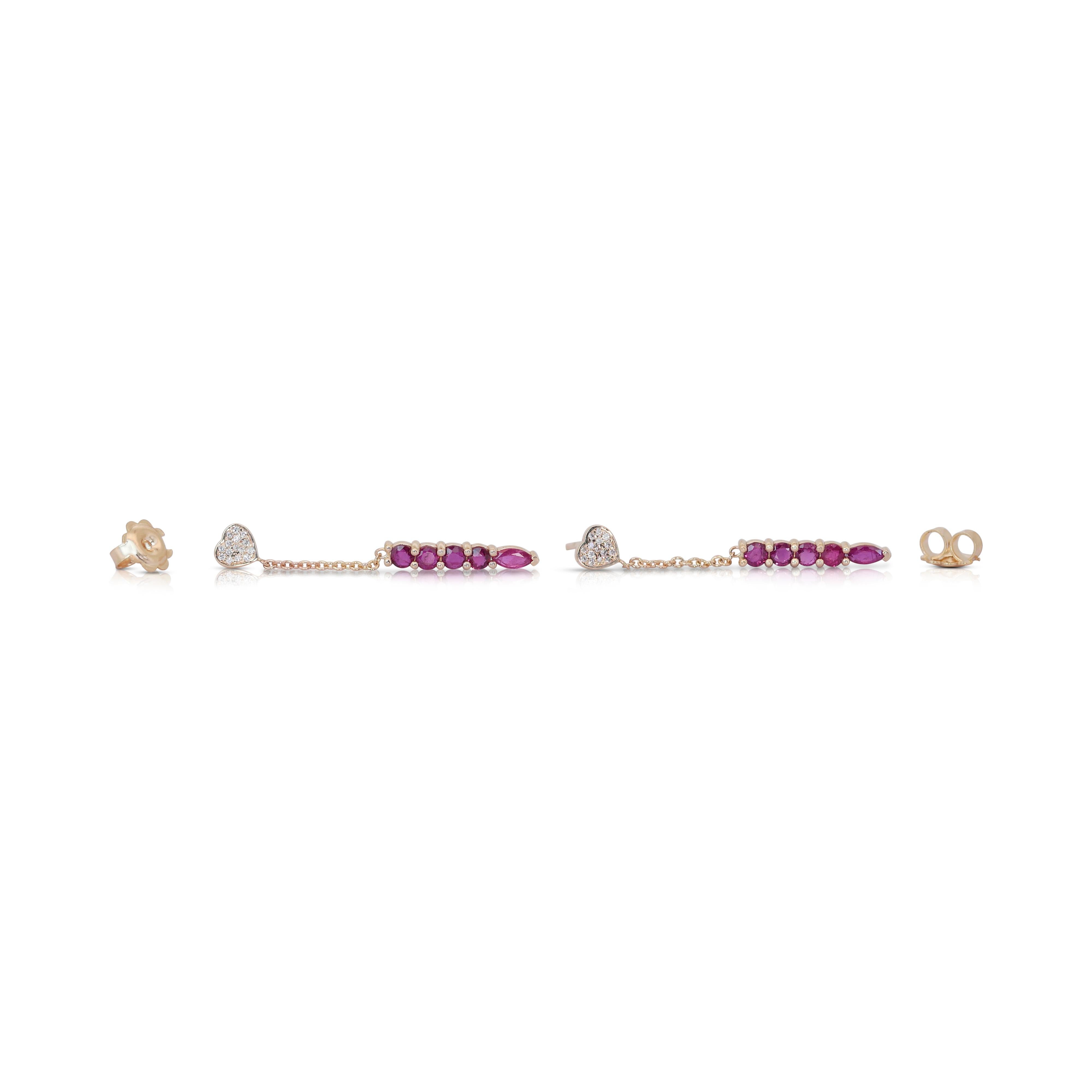Lovely 14k Yellow Gold Ruby and Diamond Drop Earrings w/1.15 ct - IGI Certified For Sale 3