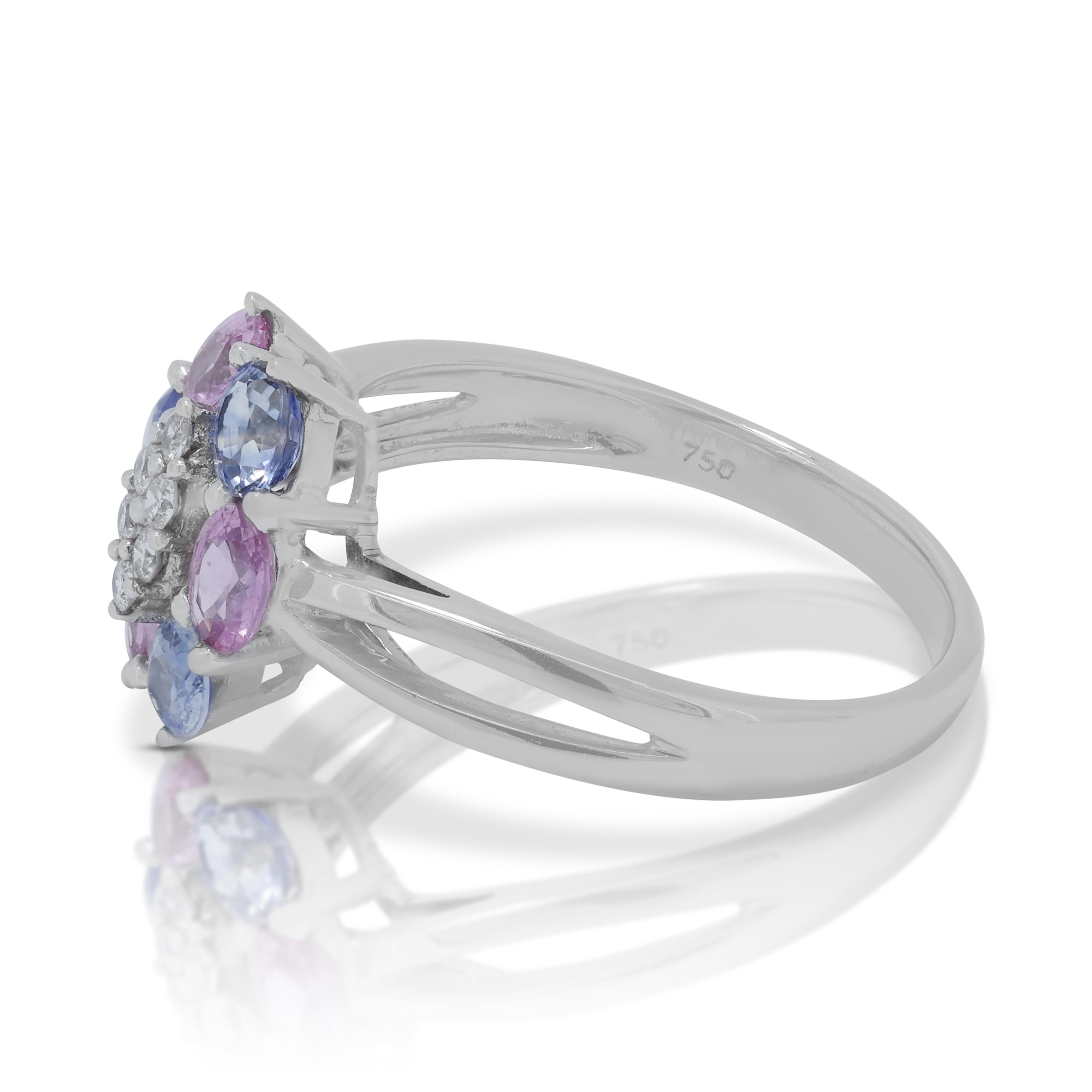 Oval Cut Lovely 1.50ct Pink and Blue Sapphires Ring with Side Diamonds in 18K White Gold For Sale