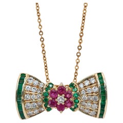 Lovely 1.57ct Diamonds, Rubies, 
Emeralds Necklace w/ Ribbon-Shaped Pendant