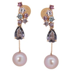 Lovely 15mm Pearl Drop Earrings with Tourmaline in 18K Rose Gold