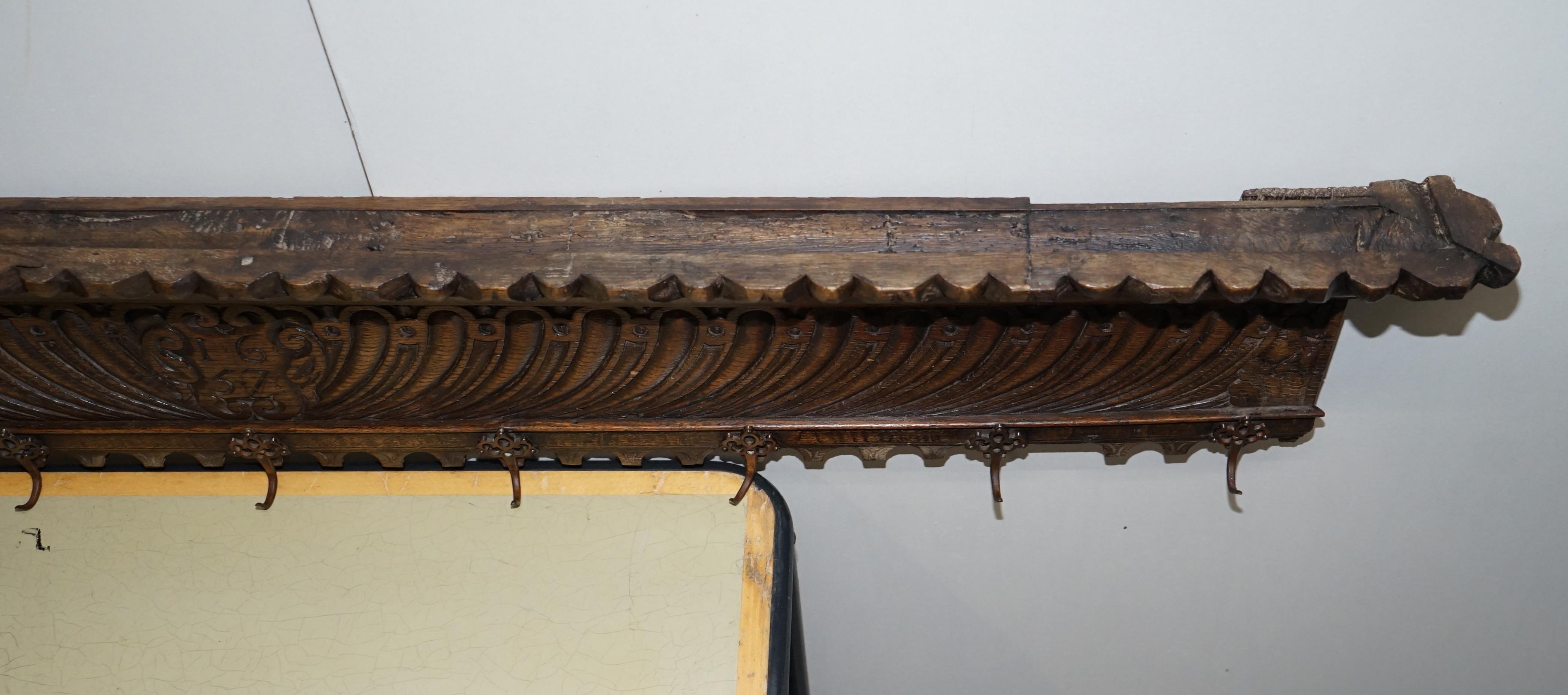 Lovely 1657 Dated Charles II Hand Carved Oak Dutch Austrian Coat Hat Scalve Rack 6