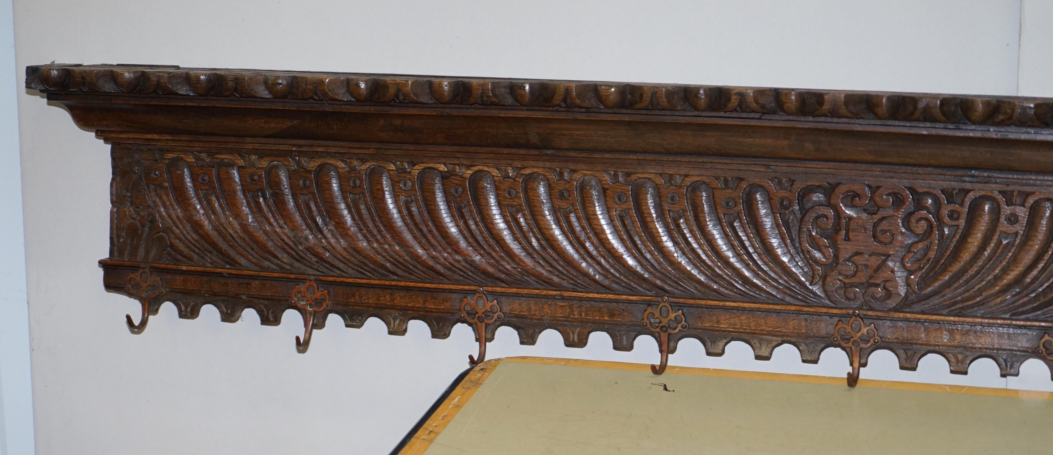 Mid-17th Century Lovely 1657 Dated Charles II Hand Carved Oak Dutch Austrian Coat Hat Scalve Rack