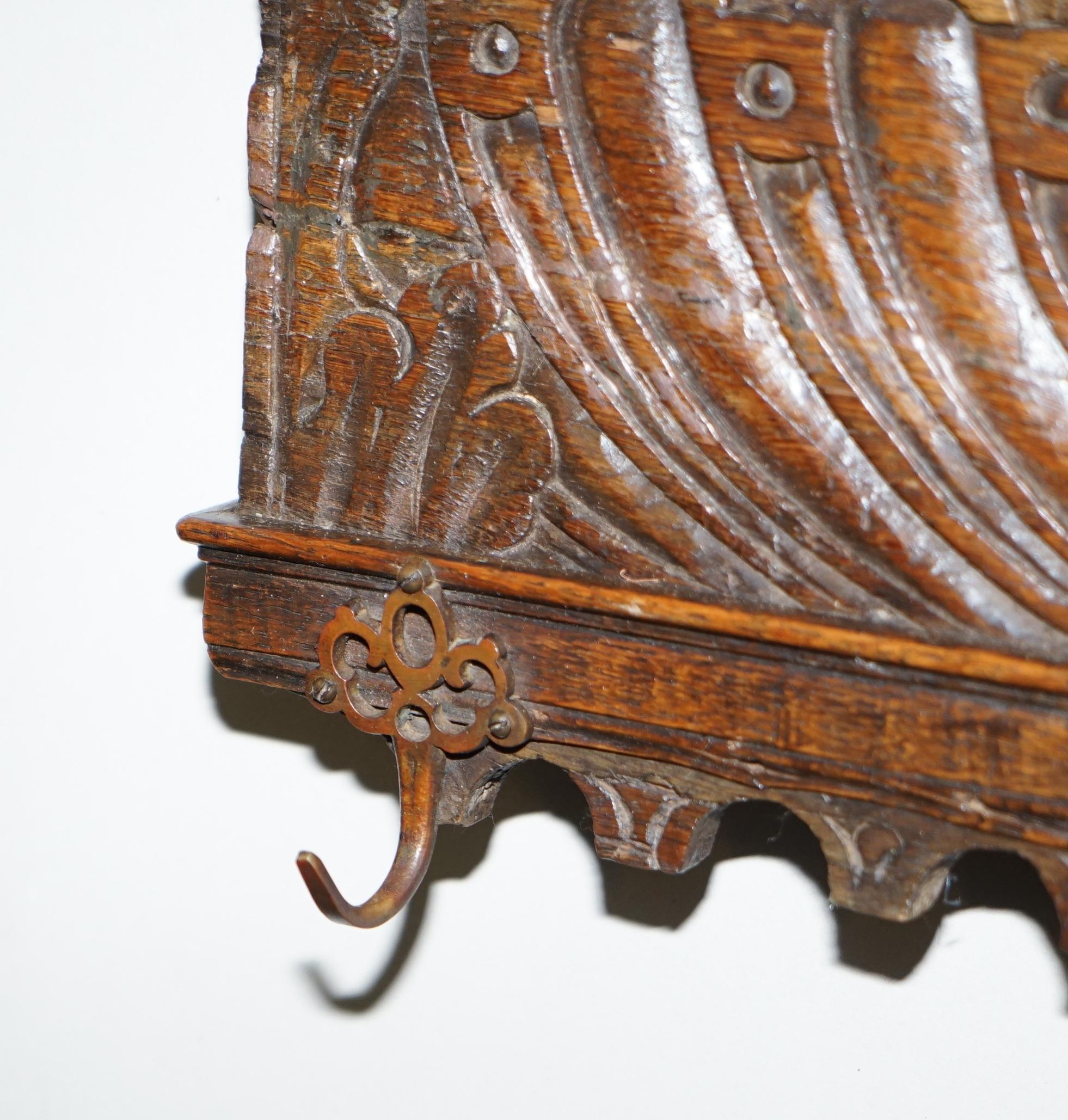 Lovely 1657 Dated Charles II Hand Carved Oak Dutch Austrian Coat Hat Scalve Rack 3