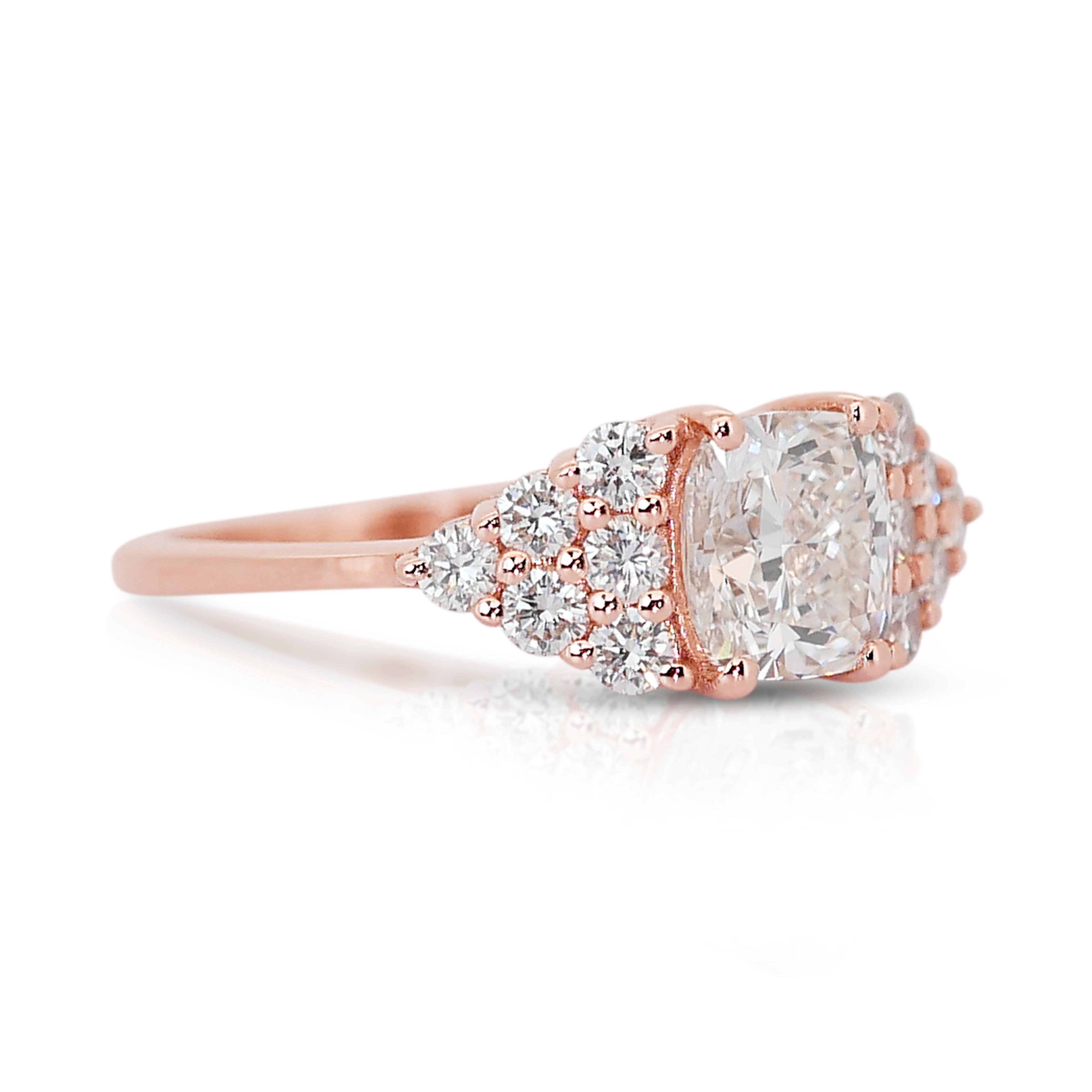 Lovely 1.65ct Diamonds Pave Ring in 14k Rose Gold - IGI Certified

This exquisite pave ring in 14k rose gold features a stunning 1.20-carat cushion cut diamond, brilliantly capturing light with its perfect cut and displaying a beautiful color and