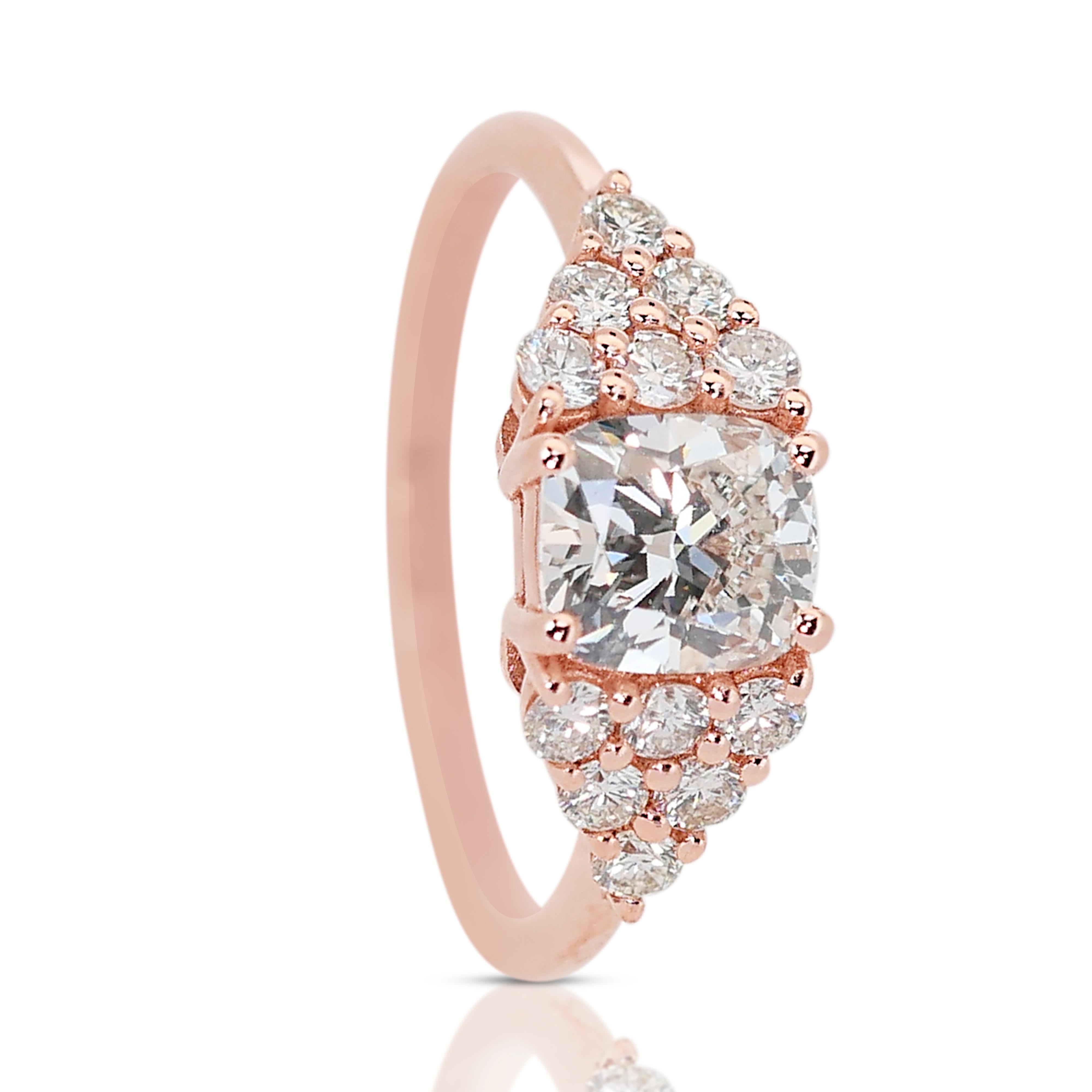 Cushion Cut Lovely 1.65ct Diamonds Pave Ring in 14k Rose Gold - IGI Certified For Sale