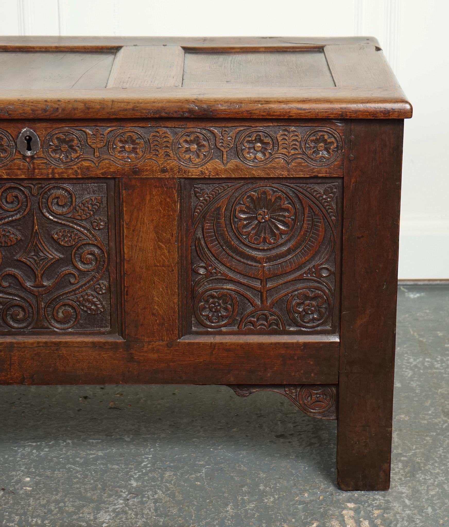 LOVELY 17TH CENTURY CARVED ANTIQUE OAK TRUNK CHEST COFFER j1 For Sale 4