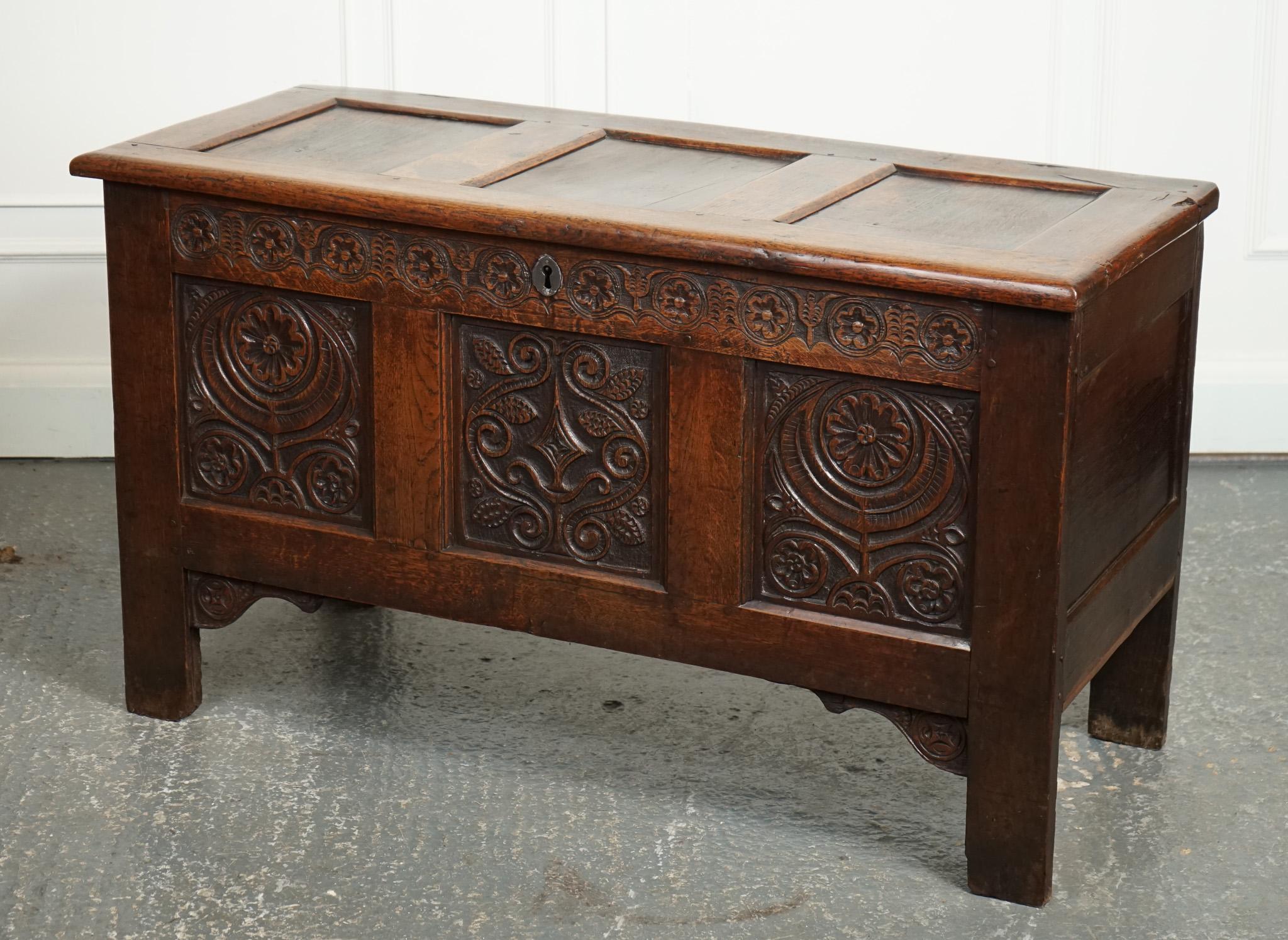 We are delighted to offer for sale this Exquisite 17th Century Carved Antique Oak Trunk Chest Coffer.

 A true treasure from the past. 

Crafted during the 1600s, this chest showcases exceptional craftsmanship and intricate detailing that reflects