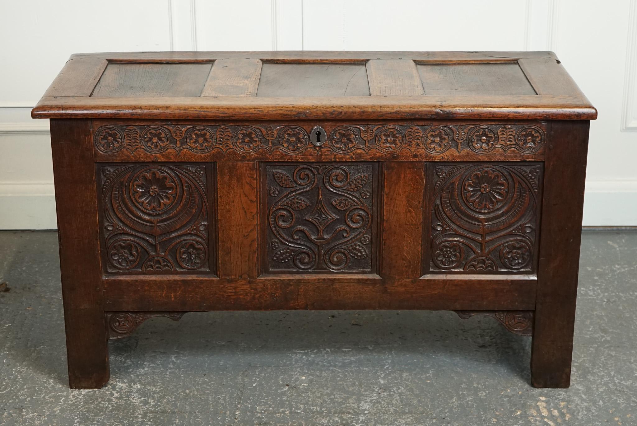 Hand-Crafted LOVELY 17TH CENTURY CARVED ANTIQUE OAK TRUNK CHEST COFFER j1 For Sale