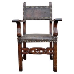 Antique Lovely 17th Century Spanish Walnut and Leather Armchair