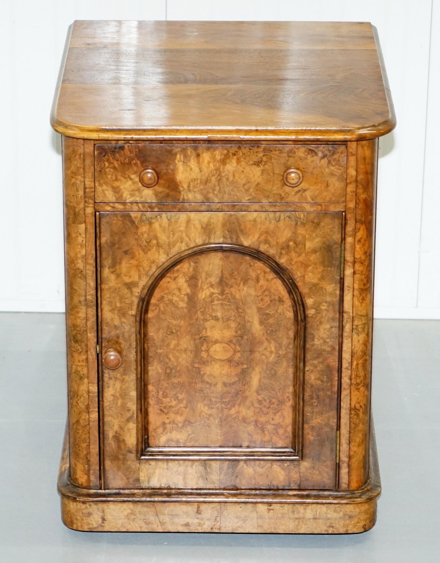 English Lovely 1860 Victorian Burr Walnut Side Table Cupboard Cabinet Huge Wood Castors