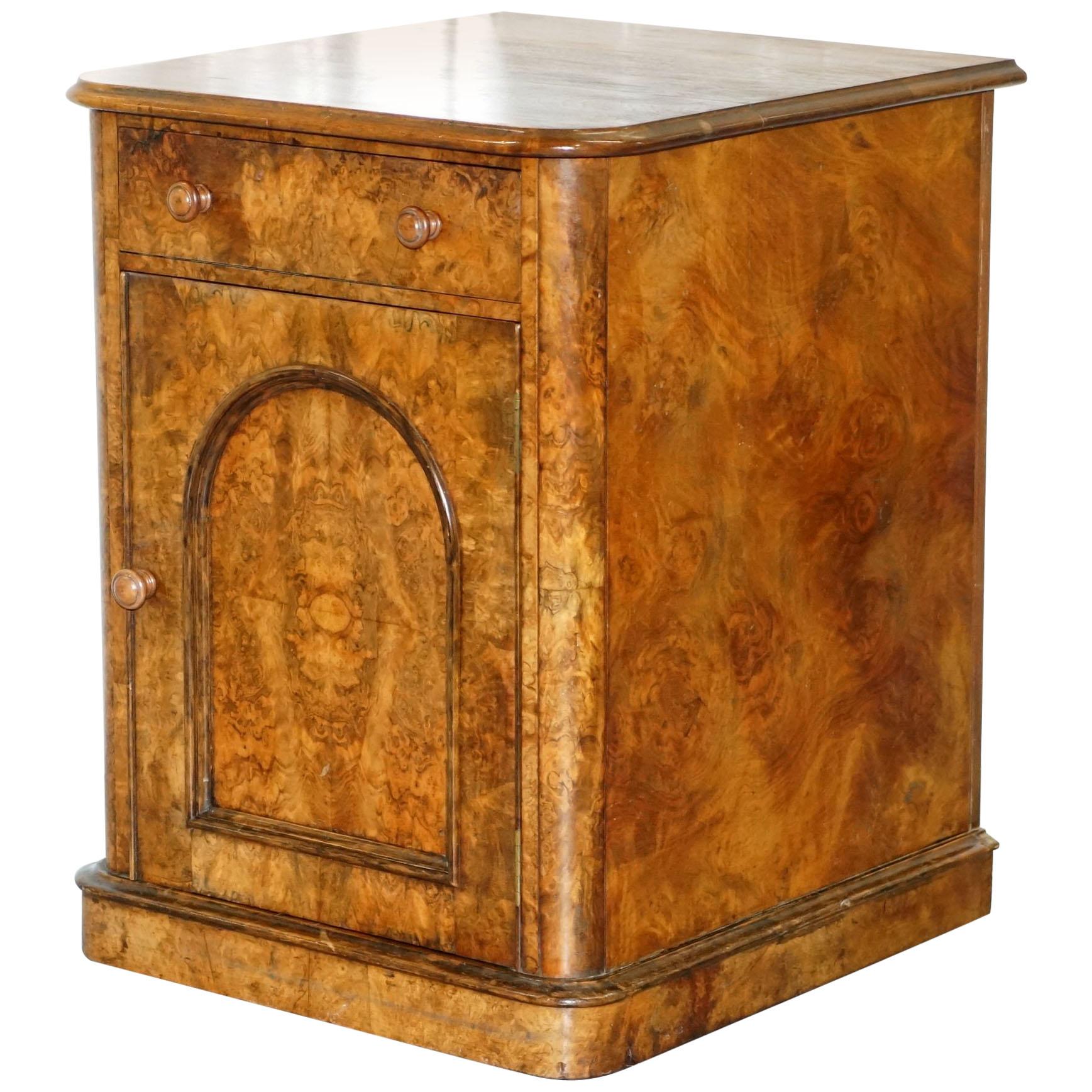 Lovely 1860 Victorian Burr Walnut Side Table Cupboard Cabinet Huge Wood Castors
