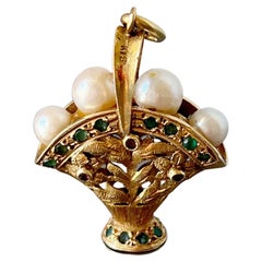 Lovely 18k Gold Floral Woven Basket White Pearl “Egg” Pendant