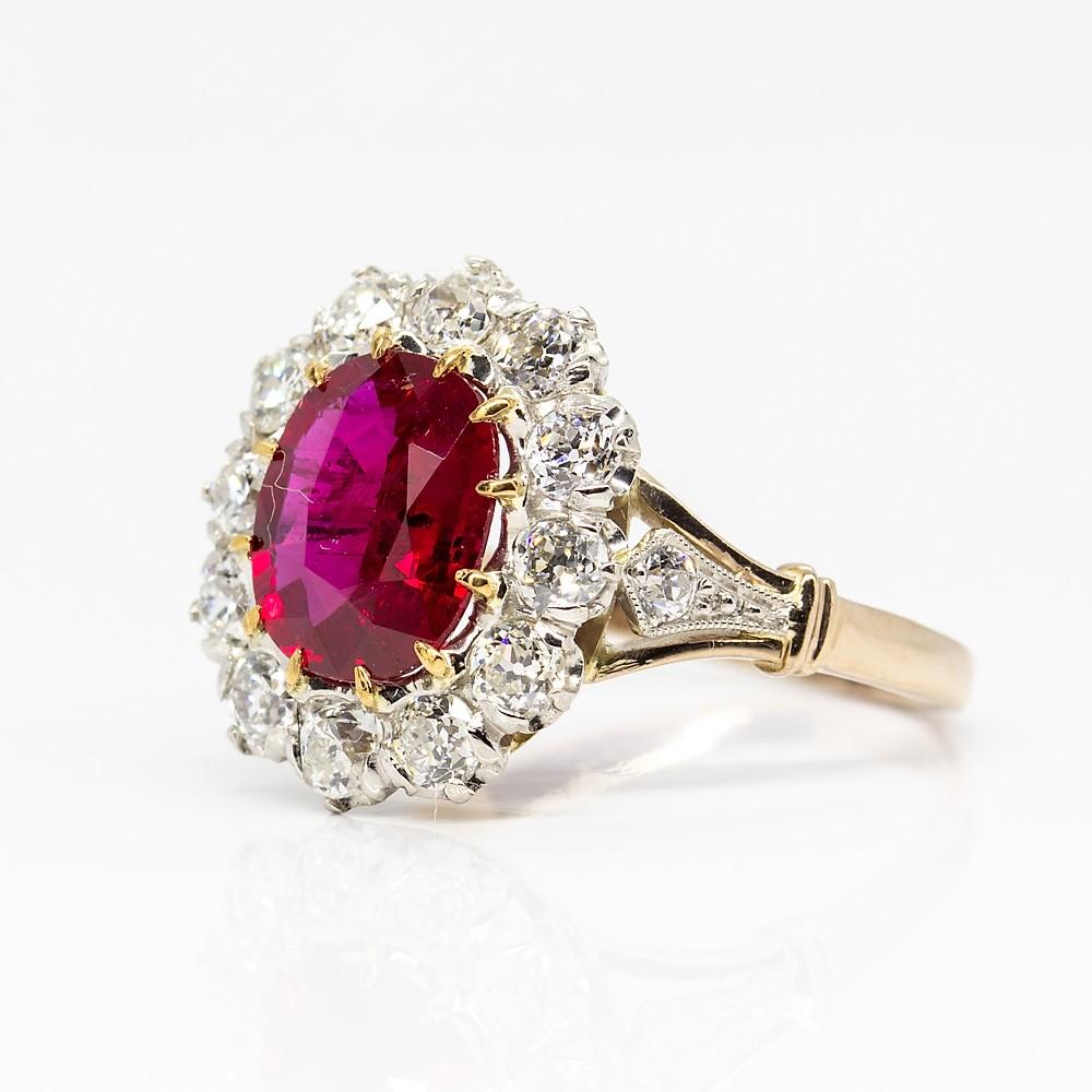 Old Mine Cut Antique 18k Gold & Platinum Natural Gia Certified Ruby and Diamond Engagement Ri