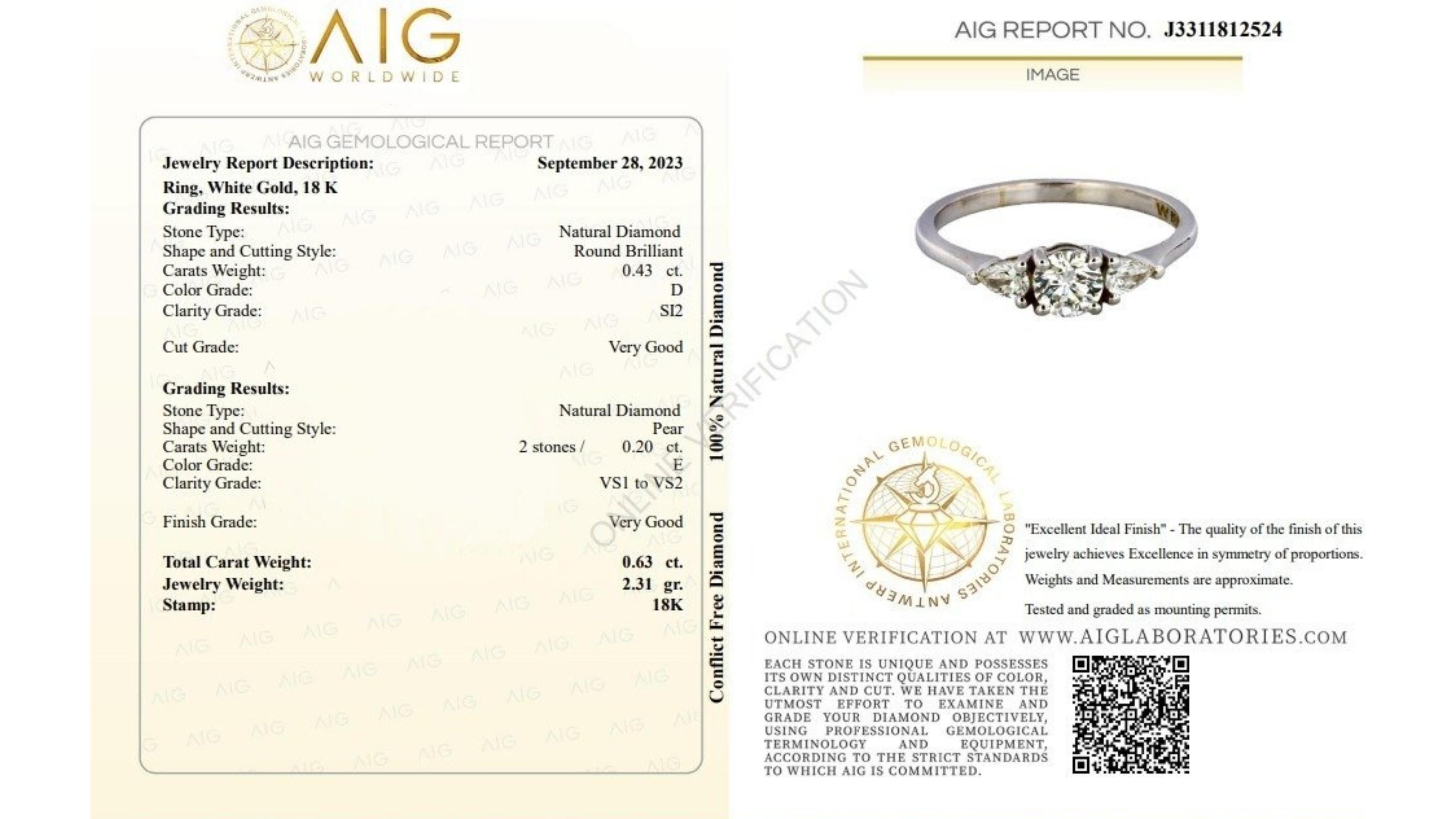 AIG Certified 0.63 Carat Round Brilliant Cut Diamond and Pear Brilliant Side Stones Three Stone Ring in 18K White Gold

This lovely three stone ring features a dazzling 0.43 carat round brilliant natural diamond center stone and 0.2 carats of pear