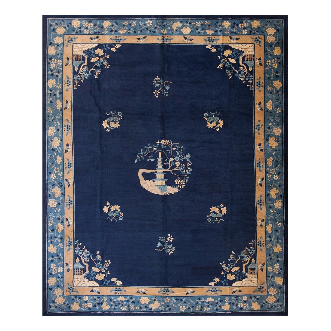 Lovely 1920s Antique Blue Chinese Peking Rug w Floral Pattern 11
x 13
6" Carpet