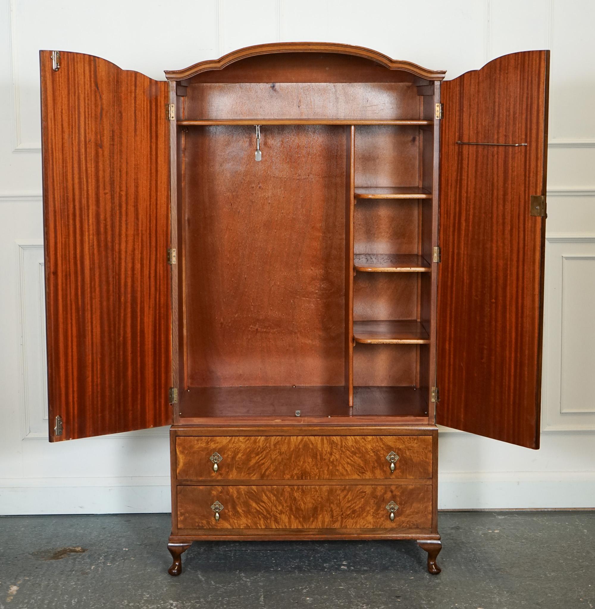 LOVELY 1920'S ART DECO BURR WALNUT WARDROBE WiTH TWO DRAWERS QUEEN ANNE LEGS For Sale 3