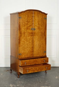 LOVELY 1920'S ART DECO BURR WALNUT WARDROBE WiTH TWO DRAWERS QUEEN ANNE LEGS