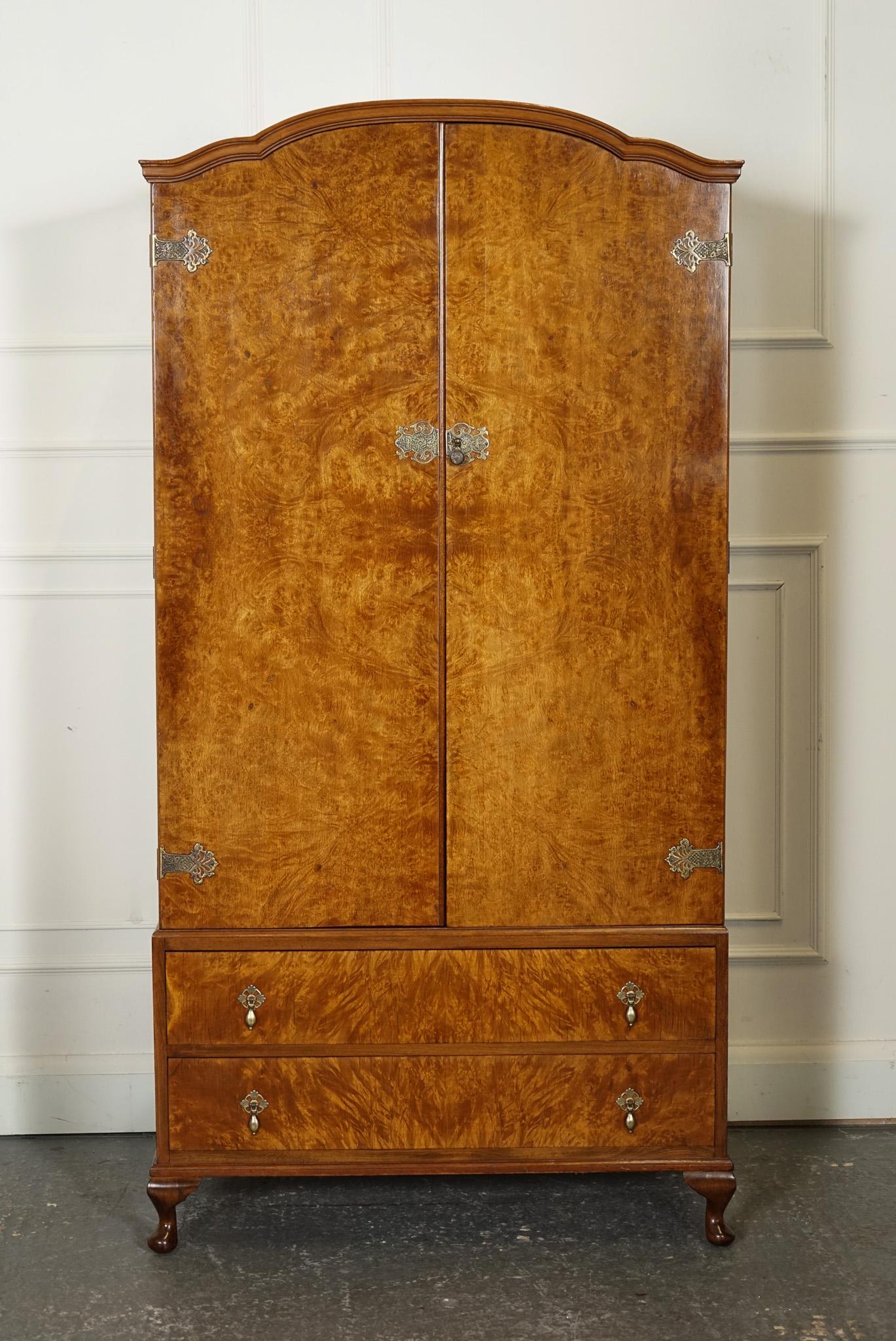 British LOVELY 1920'S ART DECO BURR WALNUT WARDROBE WiTH TWO DRAWERS QUEEN ANNE LEGS For Sale
