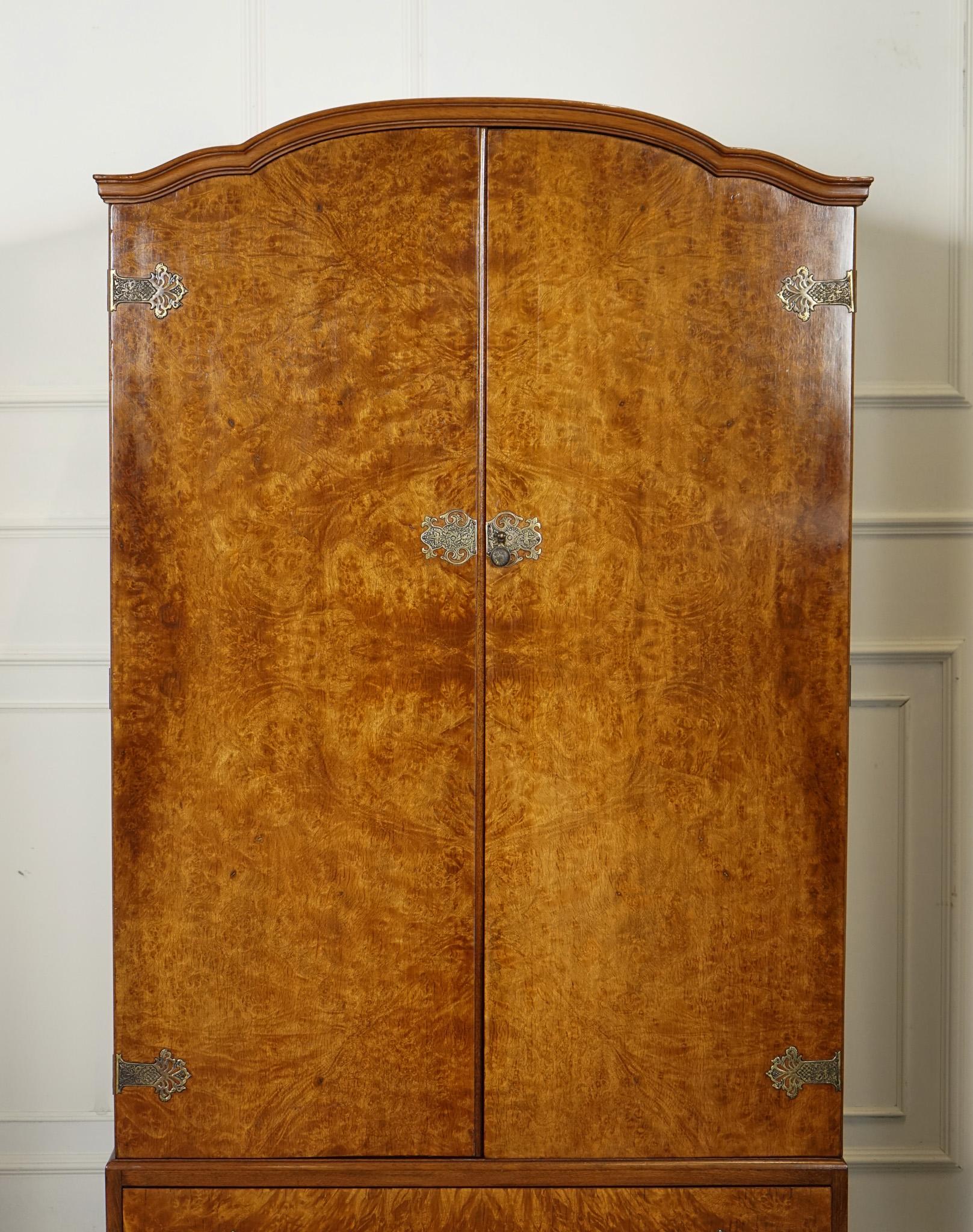 Hand-Crafted LOVELY 1920'S ART DECO BURR WALNUT WARDROBE WiTH TWO DRAWERS QUEEN ANNE LEGS For Sale