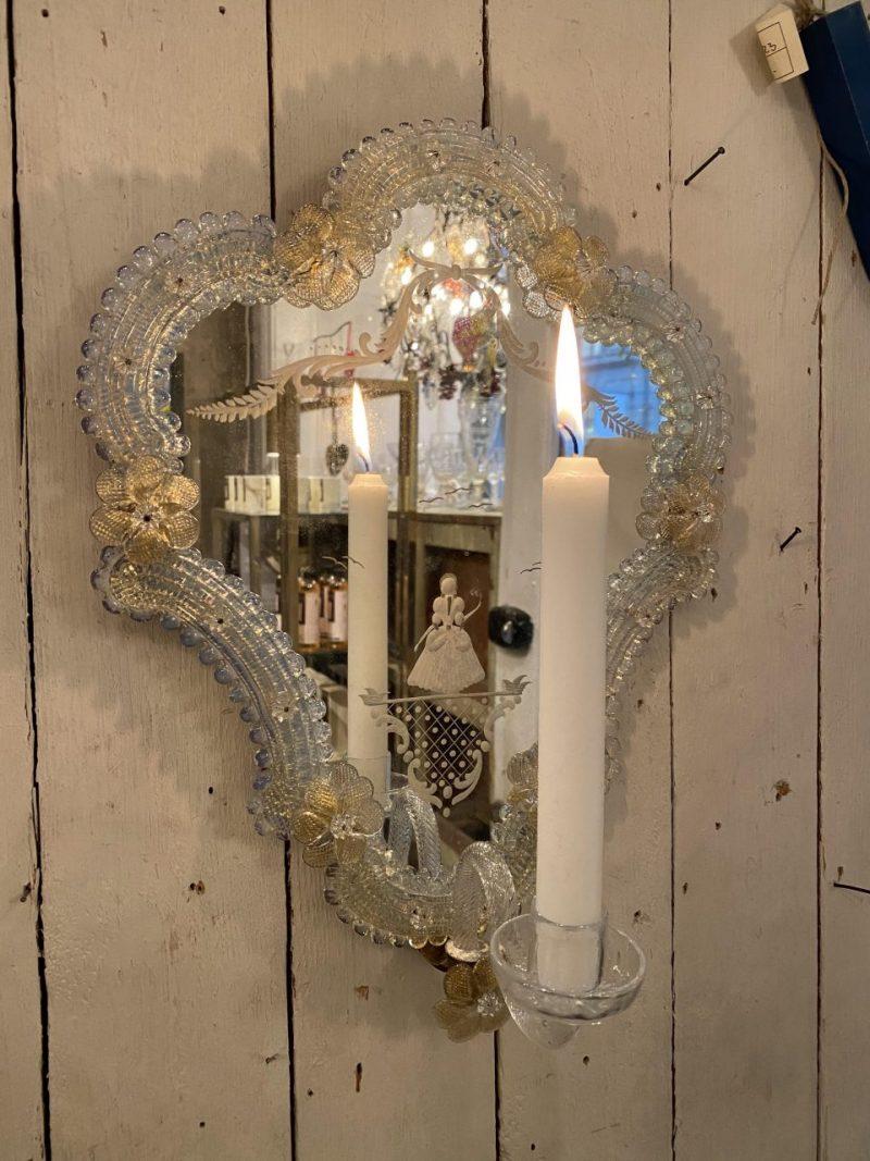 Lovely eye catching vintage Venetian mirror, circa 1920s. Adorable small glass flowers and rosettes along the frame, and an elegant creation with several glass decorations in beautiful soft hues, as well as lovely etched .detailing in the mirror