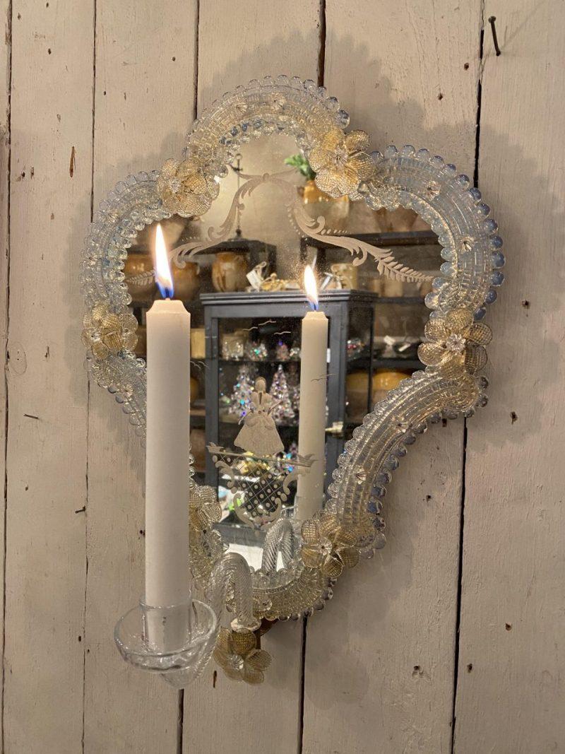 Italian Lovely 1920s Venetian Wall Mirror and Candle Light Sconce For Sale