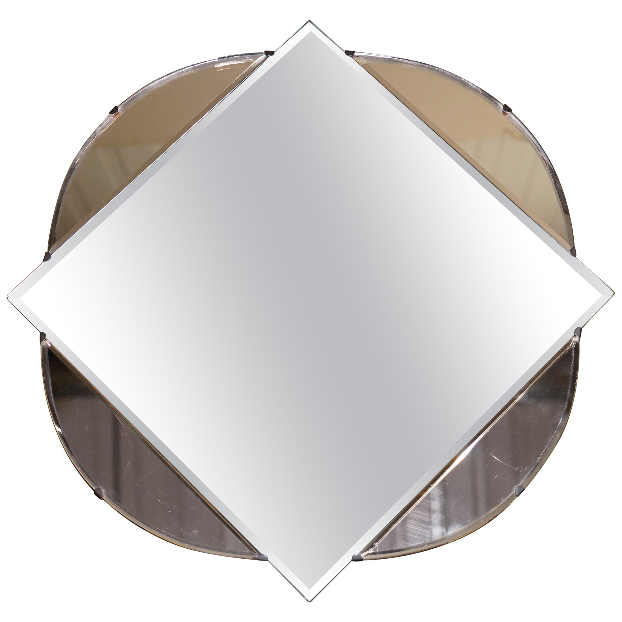 Lovely 1930s French Art Deco Beveled Mirror with Square Inside Circle Rare