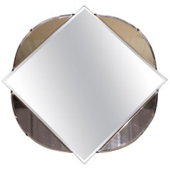 Lovely 1930s French Art Deco Beveled Mirror with Square Inside Circle Rare