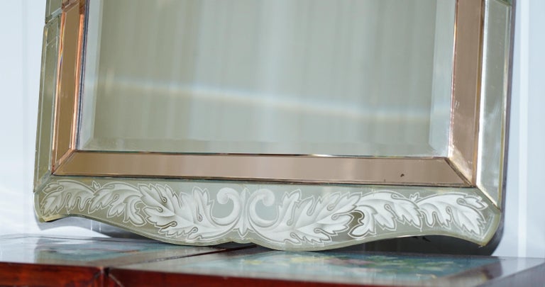 Hand-Crafted Lovely 1930s Peach French Art Deco Venetian Etched and Engraved Bevelled Mirror