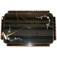 Vintage Lovely 1930s Peach French Art Deco Venetian Etched and Engraved Bevelled Mirror