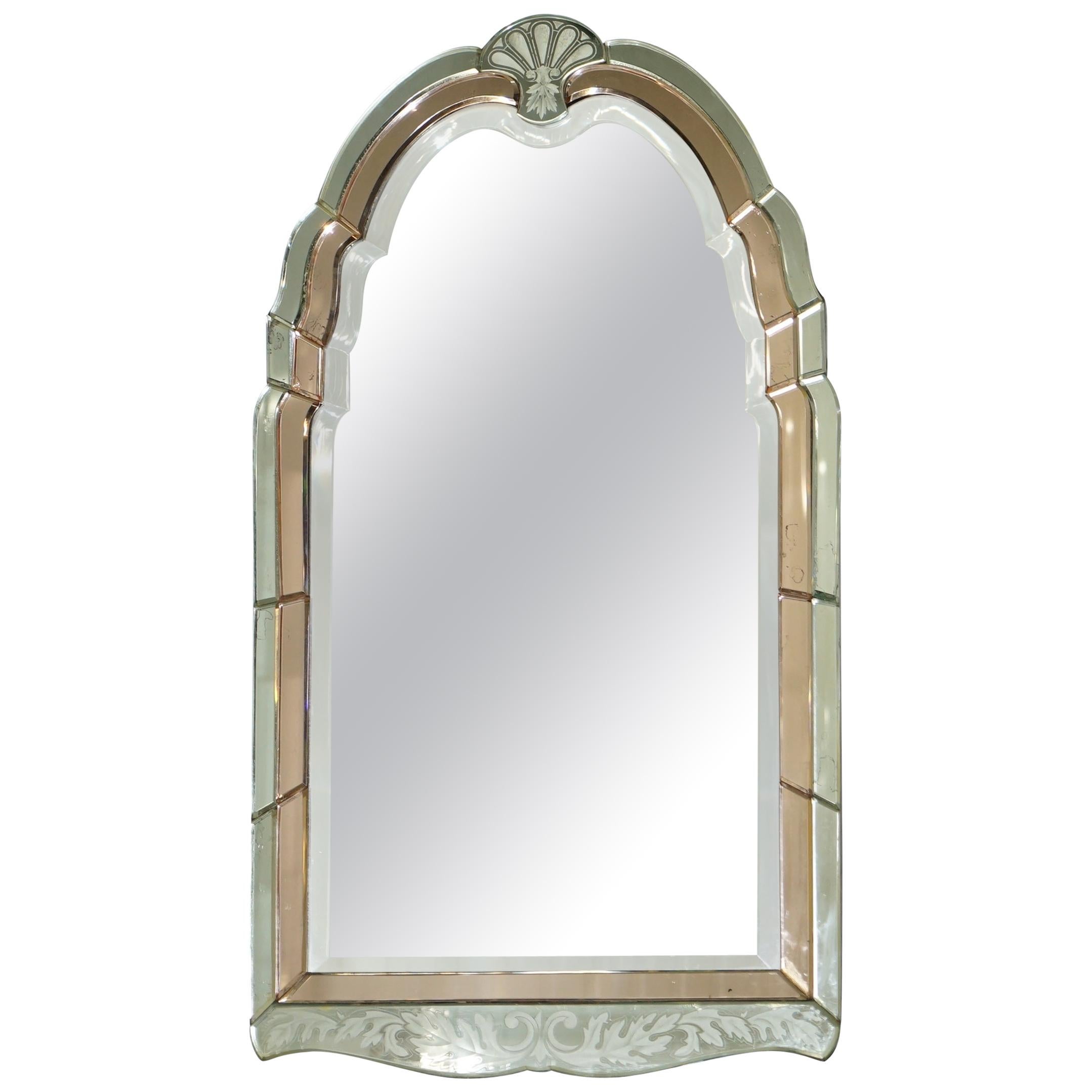 Lovely 1930s Peach French Art Deco Venetian Etched and Engraved Bevelled Mirror
