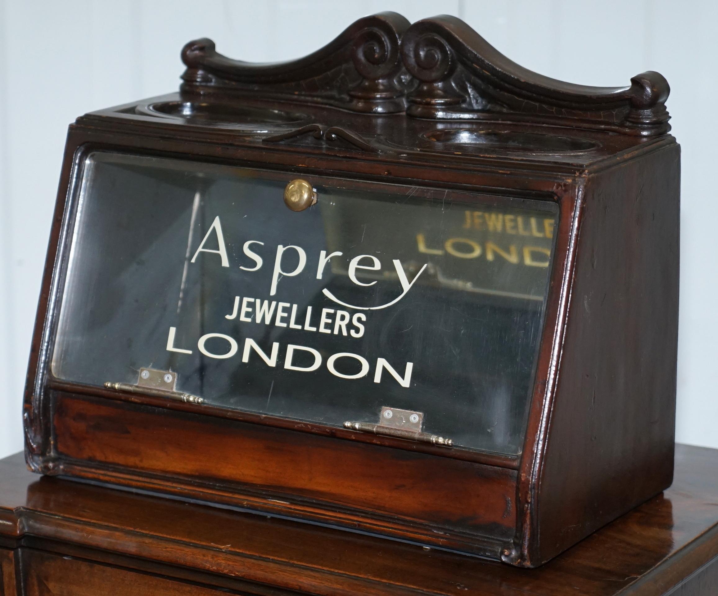 We are delighted to offer for sale this stunning mirrored back Asprey London Jewellers display case

A very good looking and well made display cabinet from one of the greatest jewellers and silver smiths England has ever known

Haberdashery and