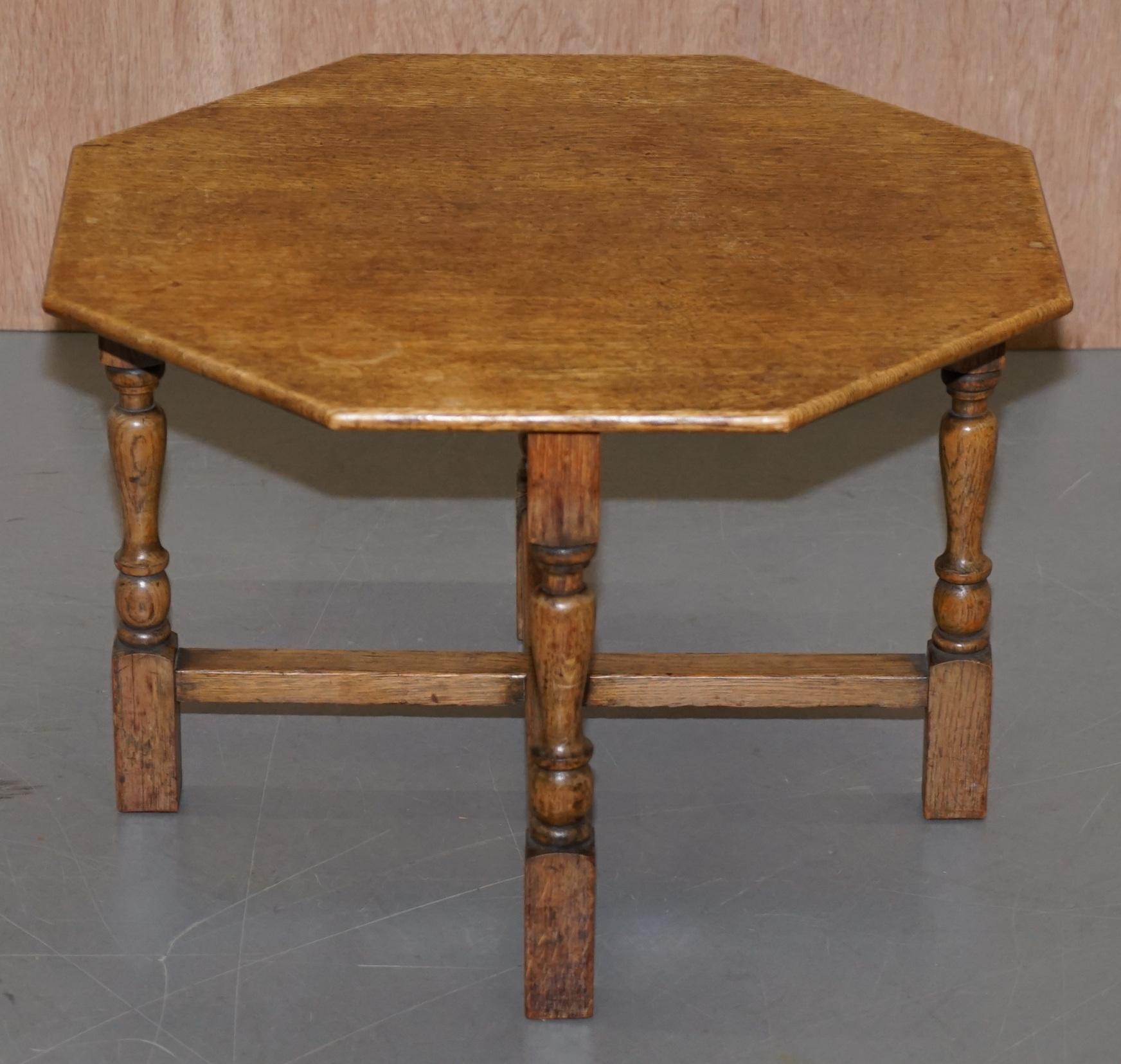 We are delighted to offer for sale this lovely circa 1950s English oak octagonal coffee table numerically stamped to the base bought from an Air Ministry sale

A very good looking and decorative table. It can be used as a medium sized coffee table